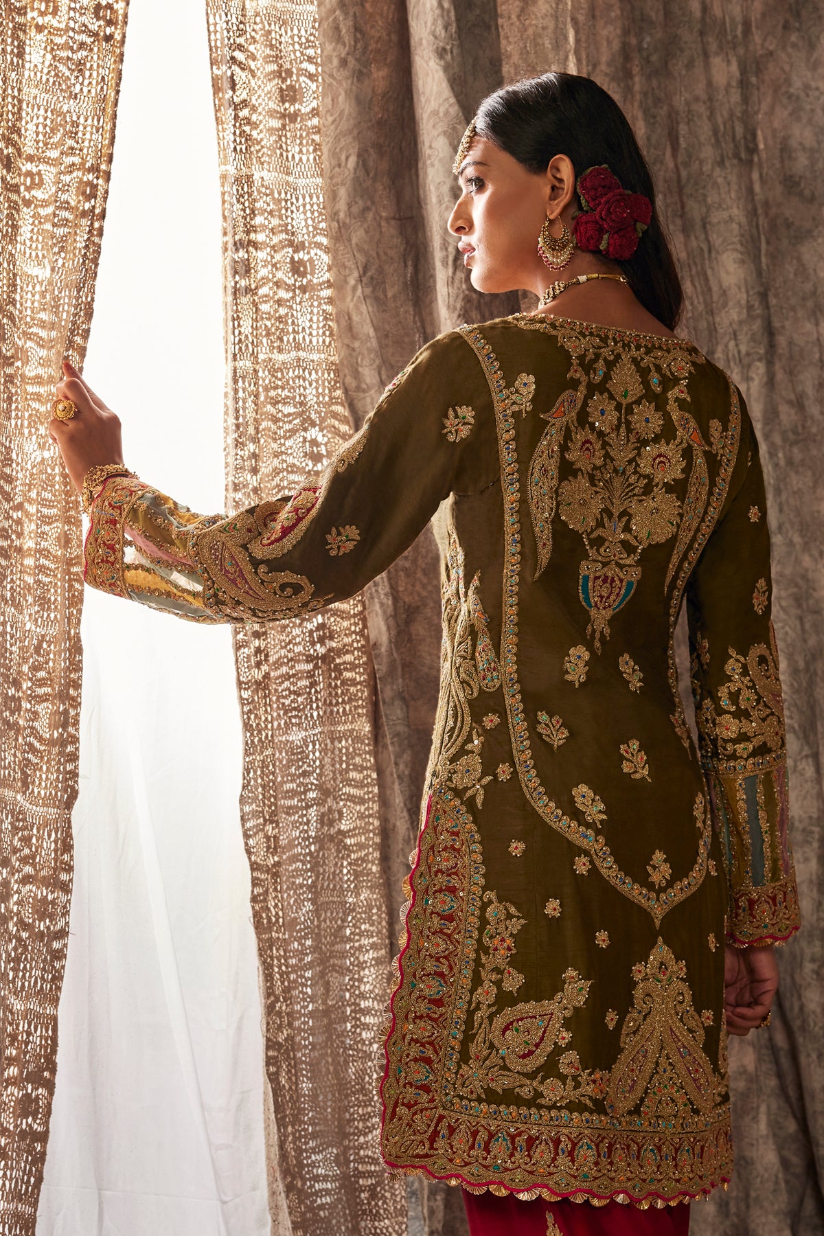 Olive Green Silk Kurta Set