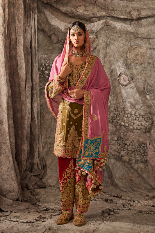 Olive Green Silk Kurta Set