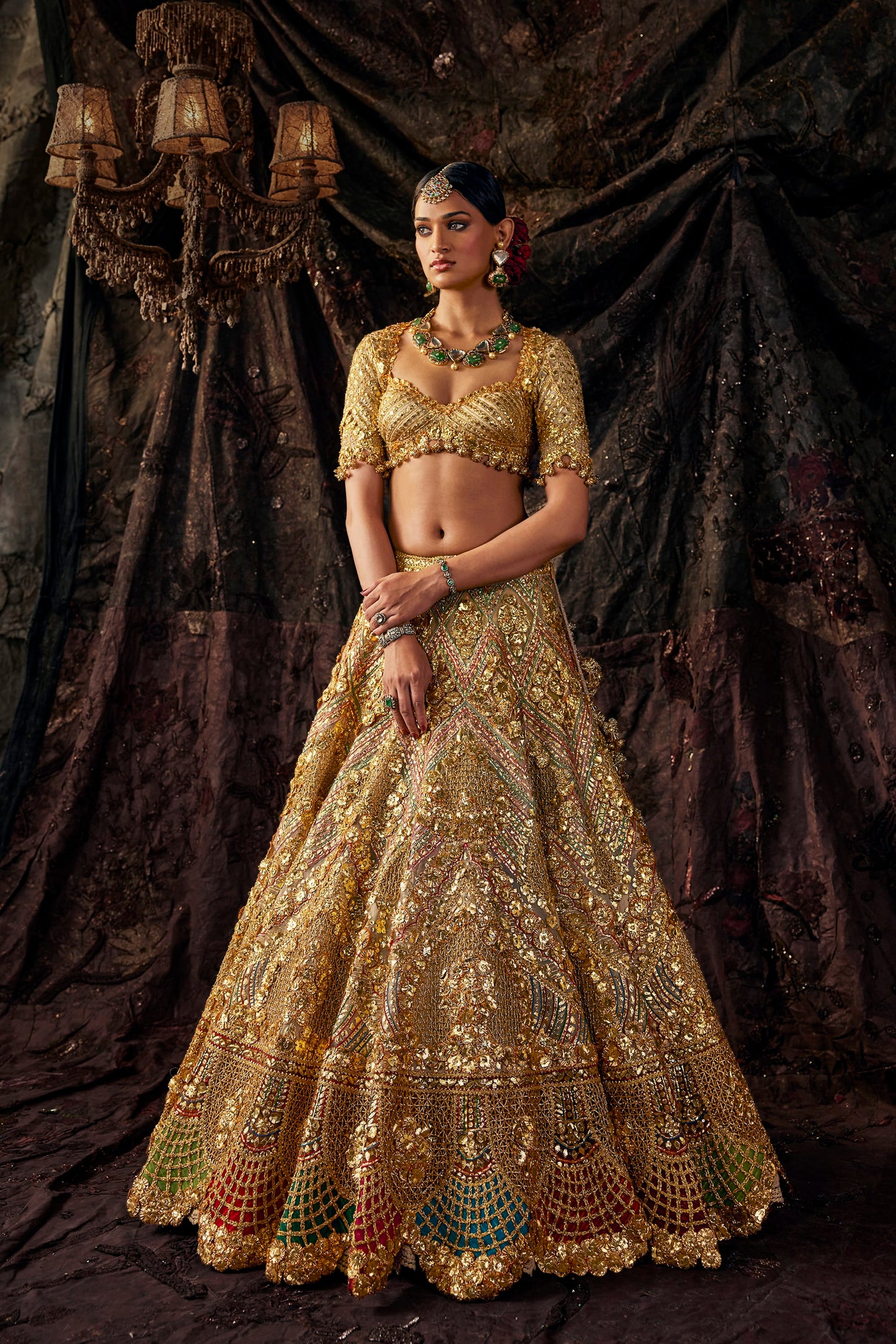 Pale Birch And Gold Tulle Lehenga