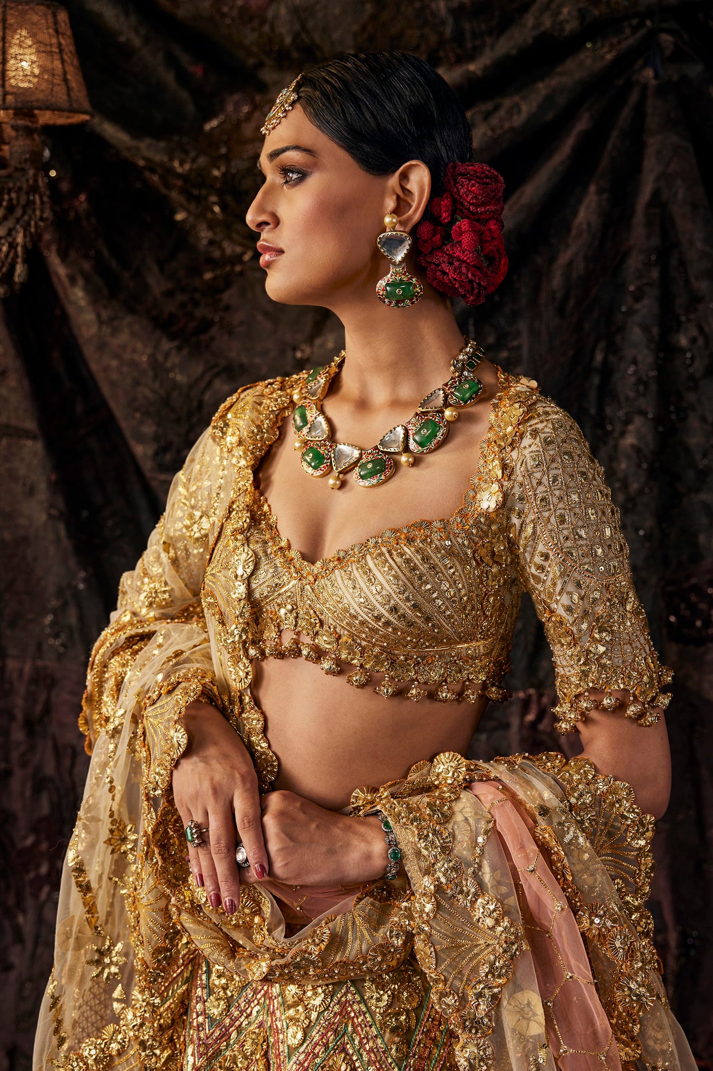 Pale Birch And Gold Tulle Lehenga