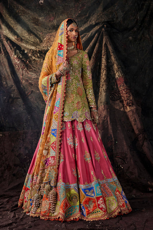 Fuschia, Parakeet & Burnished Rust Kurti-Lehenga Set