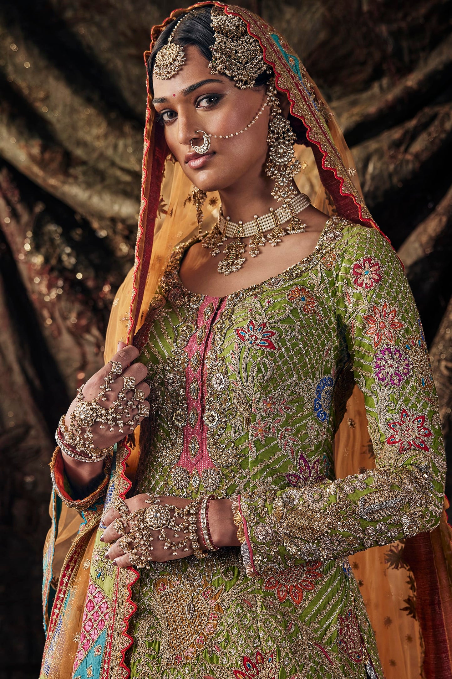 Fuschia, Parakeet & Burnished Rust Kurti-Lehenga Set