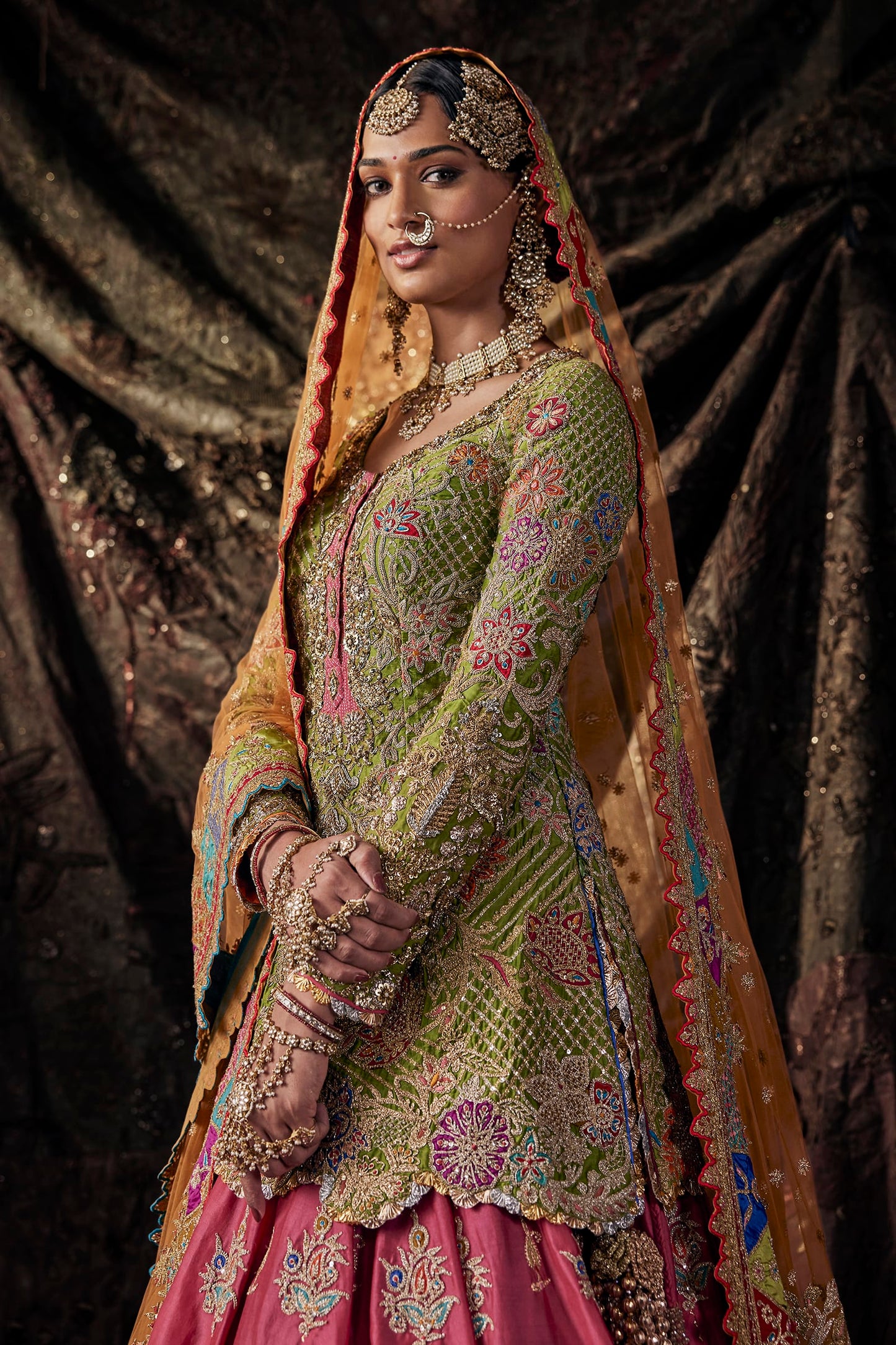 Fuschia, Parakeet & Burnished Rust Kurti-Lehenga Set