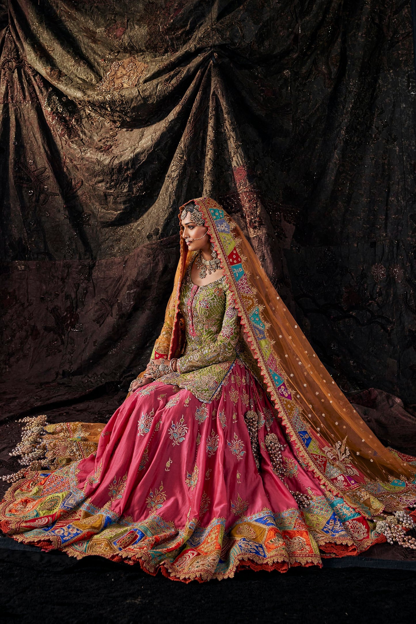 Fuschia, Parakeet & Burnished Rust Kurti-Lehenga Set