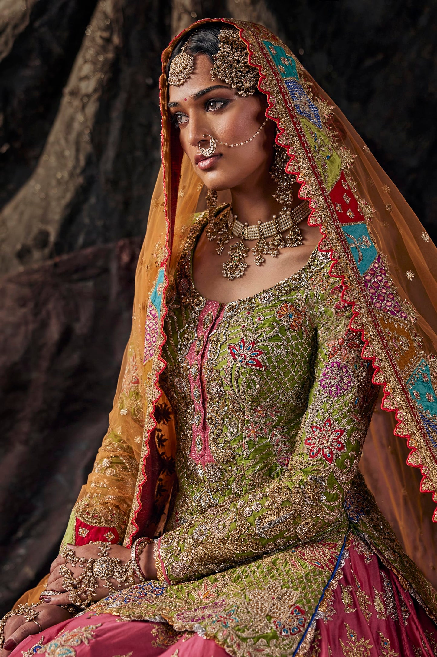 Fuschia, Parakeet & Burnished Rust Kurti-Lehenga Set