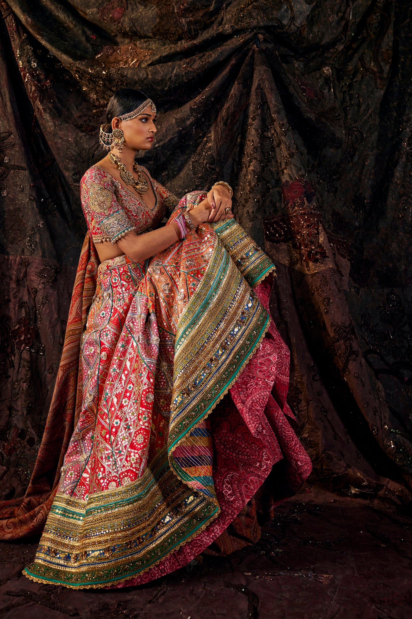 Vermilion Pietre Dure Lehenga