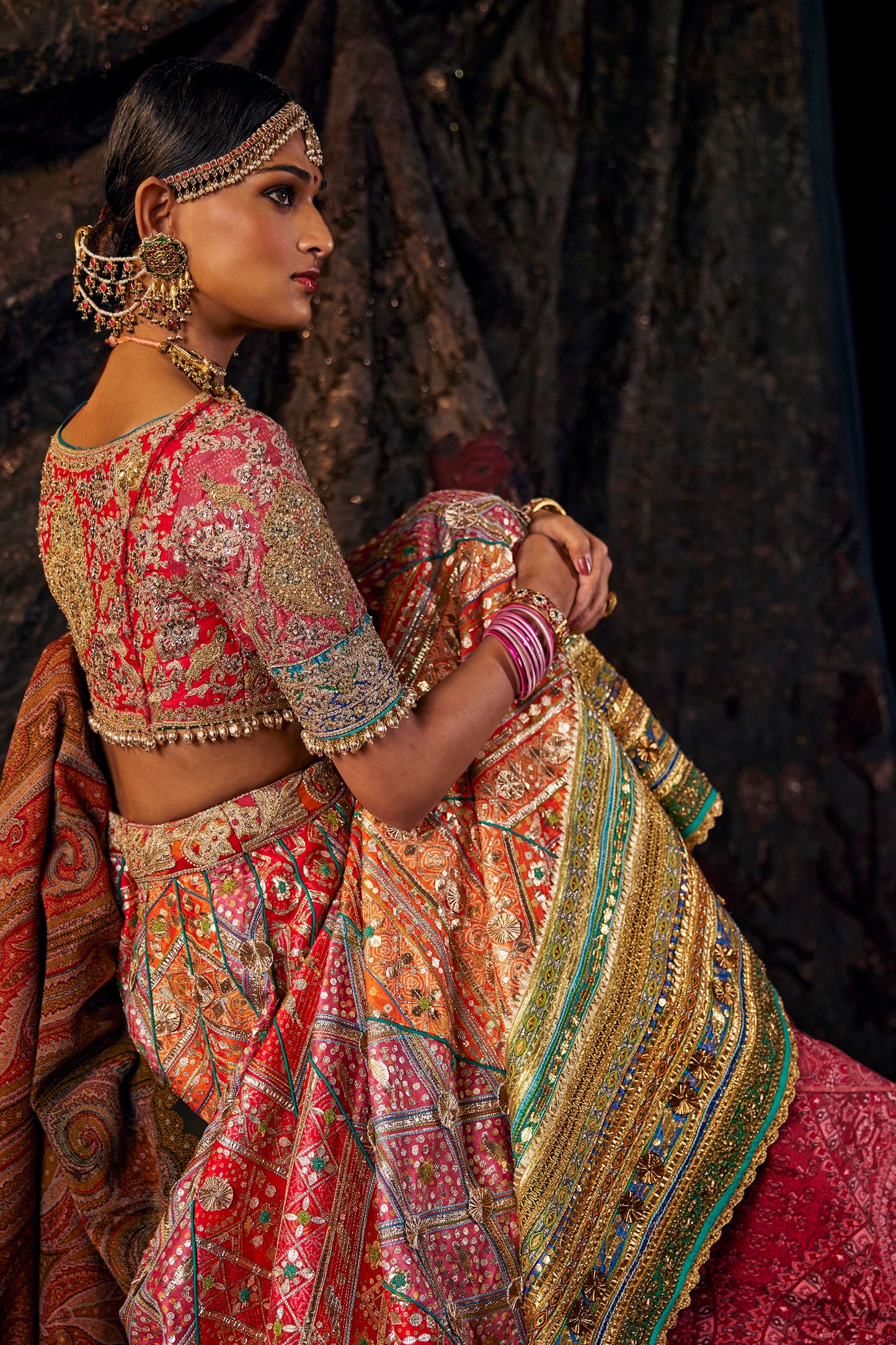 Vermilion Pietre Dure Lehenga