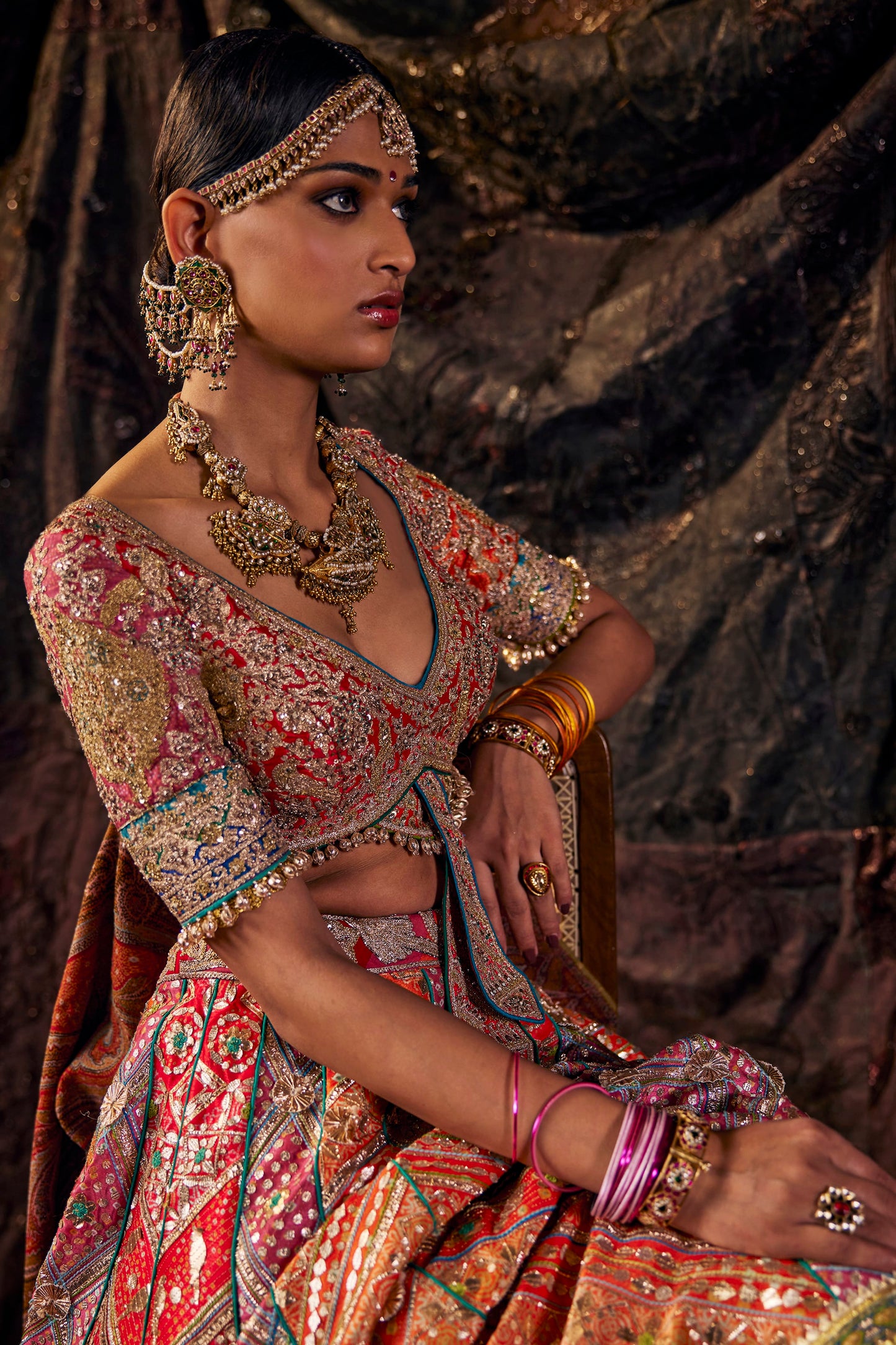 Vermilion Pietre Dure Lehenga