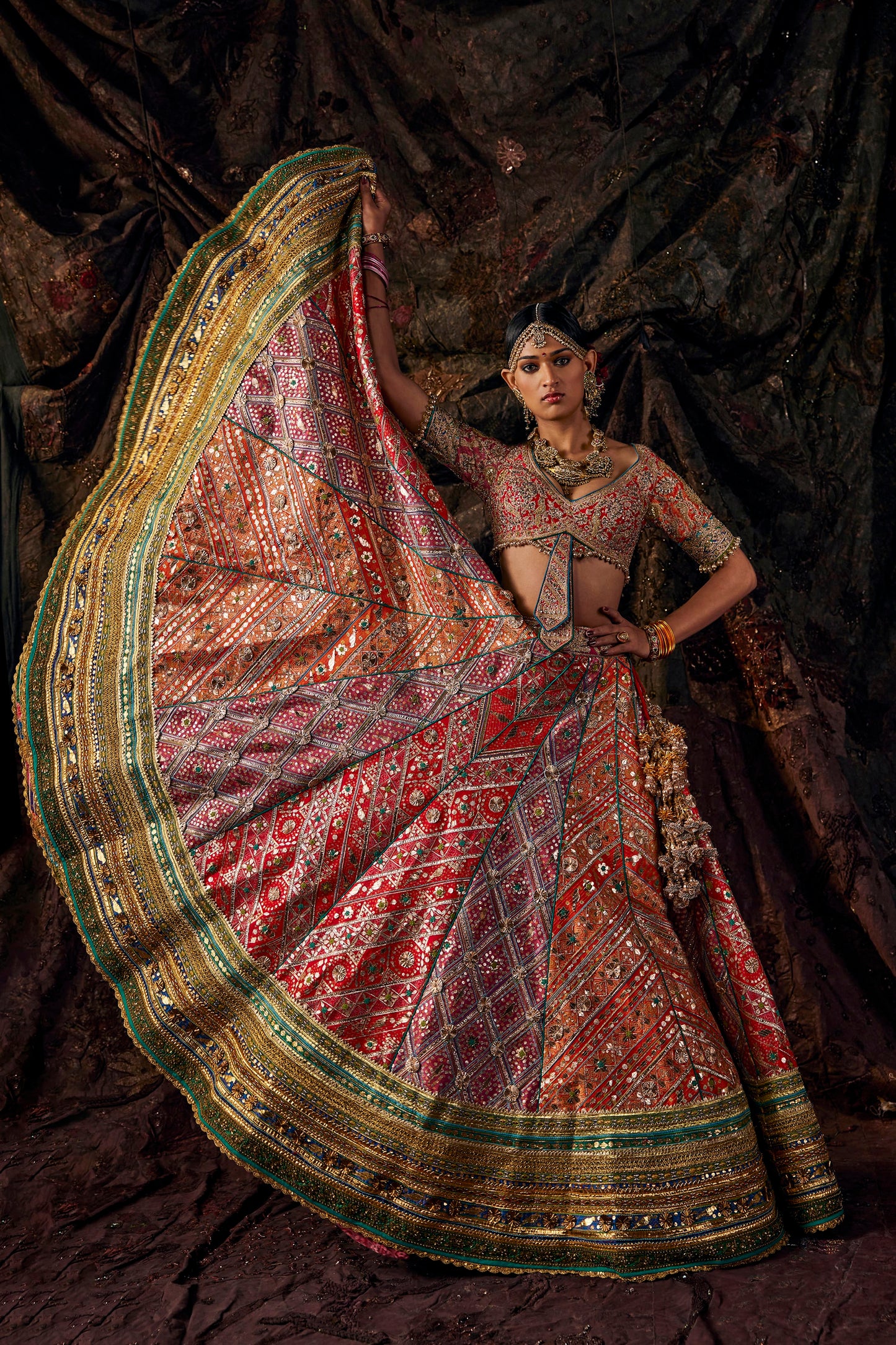 Vermilion Pietre Dure Lehenga