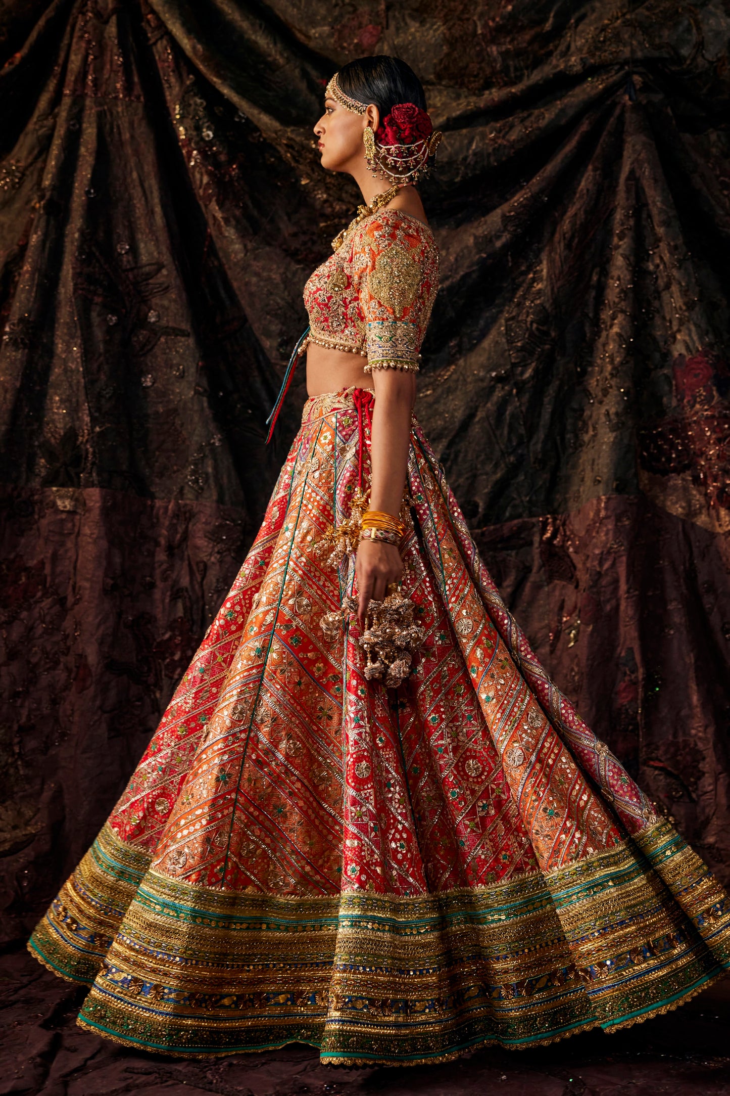 Vermilion Pietre Dure Lehenga