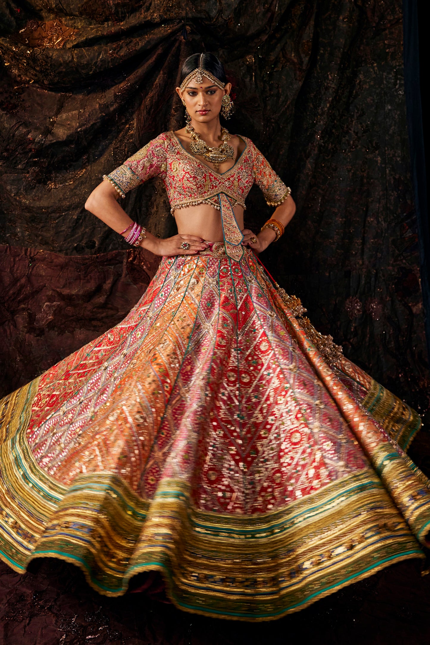 Vermilion Pietre Dure Lehenga