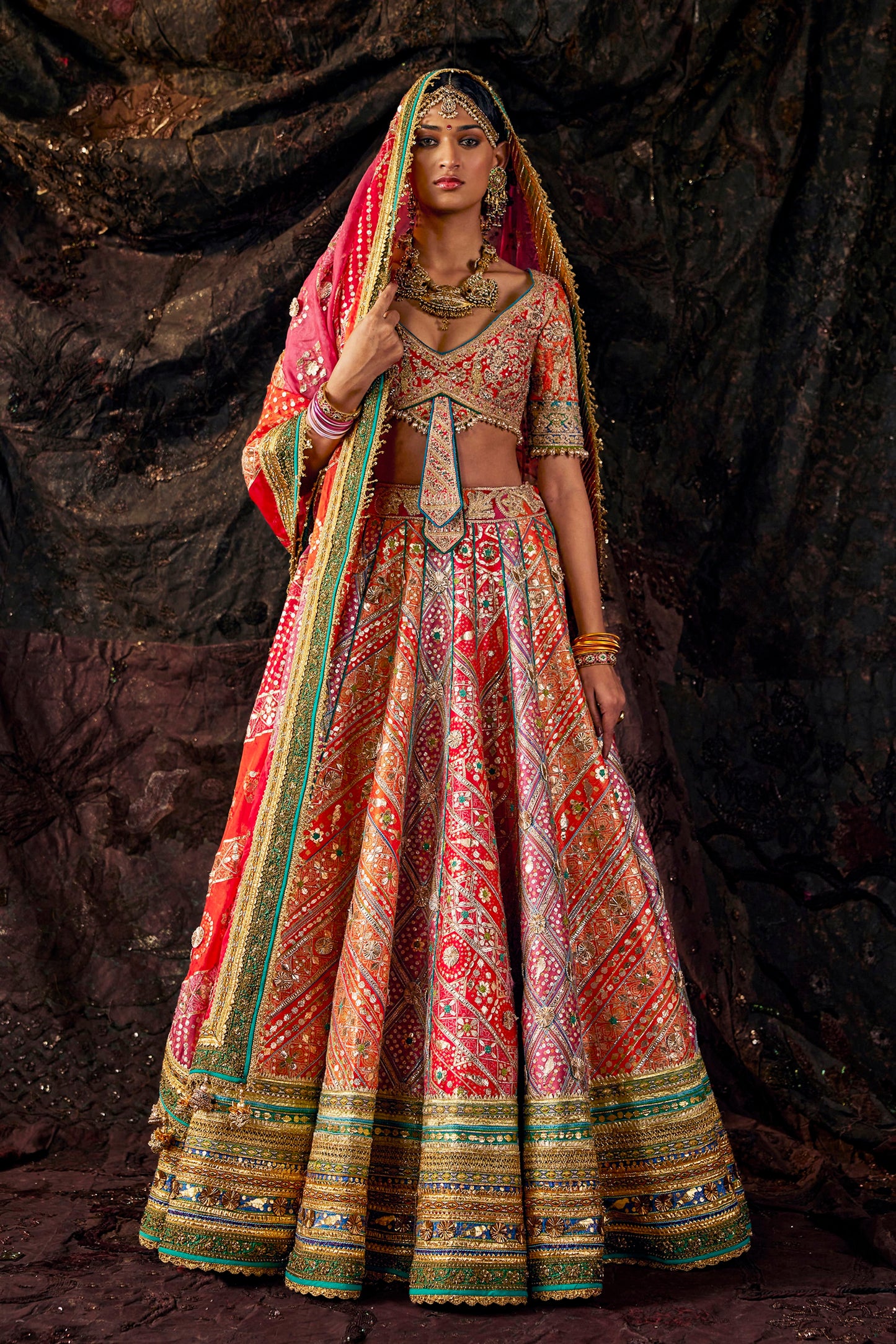 Vermilion Pietre Dure Lehenga