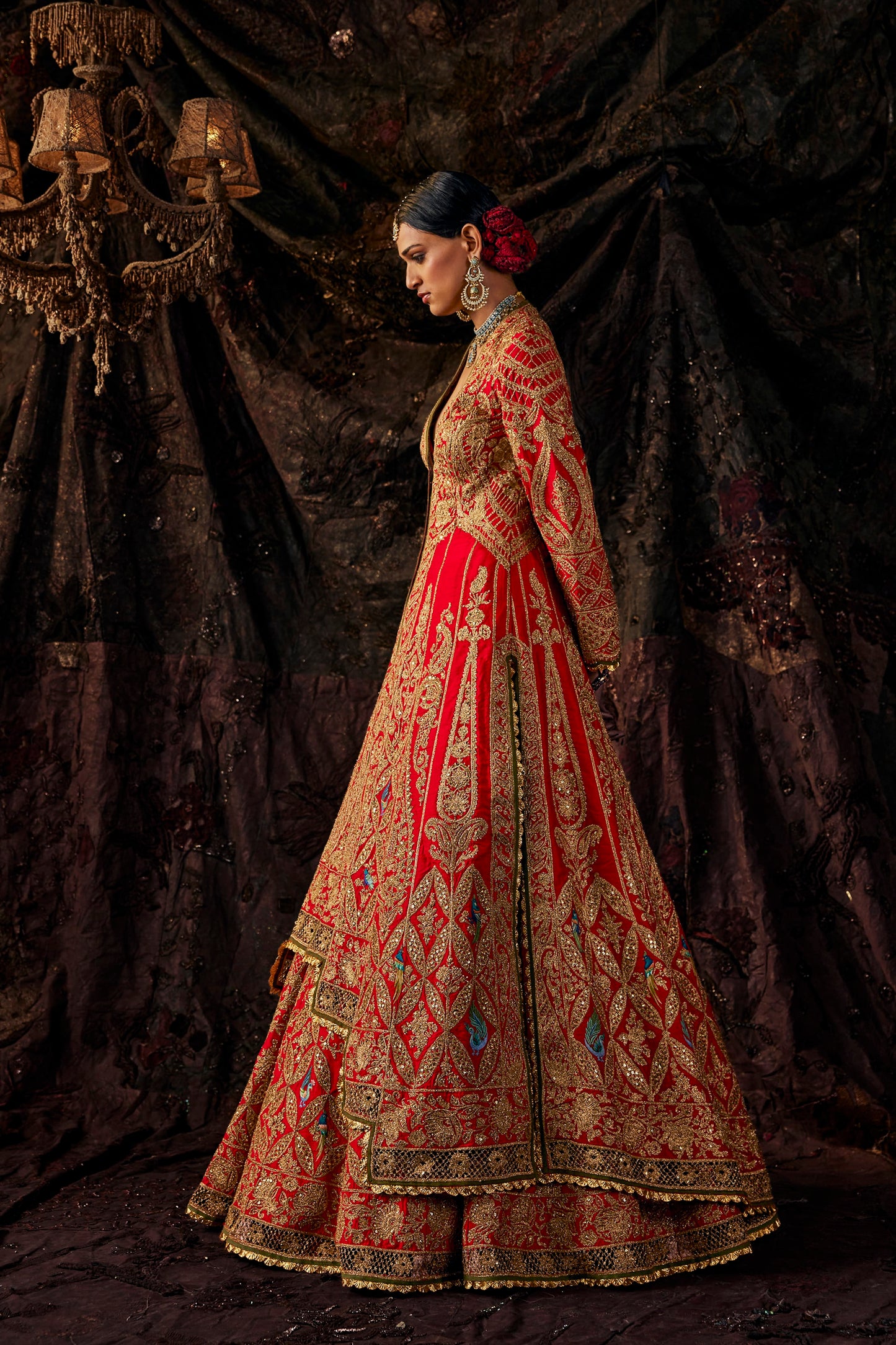 Vermilion Red Silk Jacket Lehenga Set