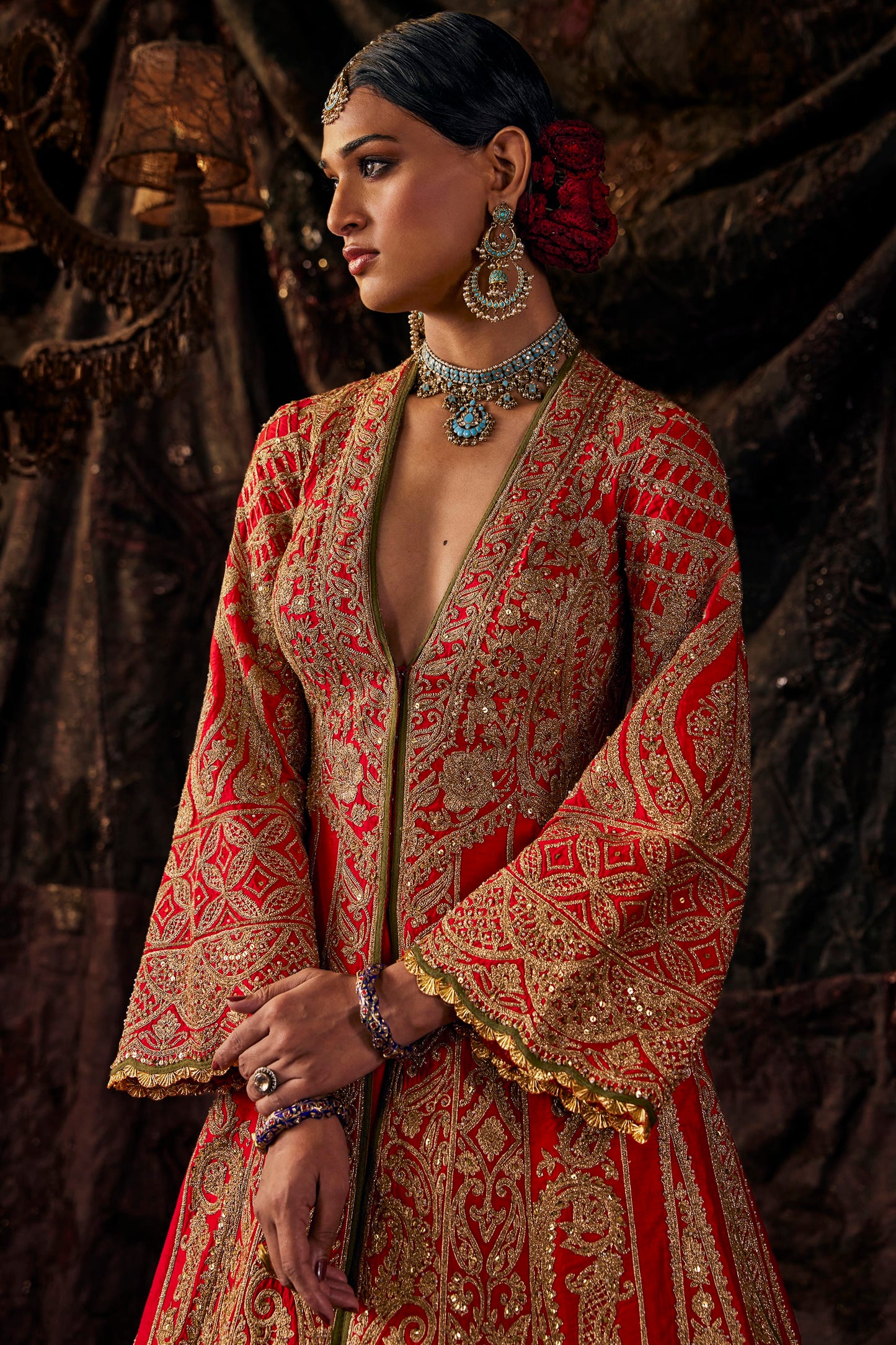 Vermilion Red Silk Jacket Lehenga Set