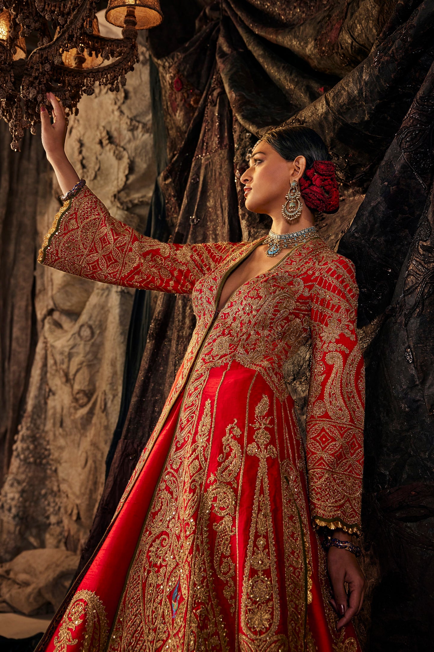 Vermilion Red Silk Jacket Lehenga Set