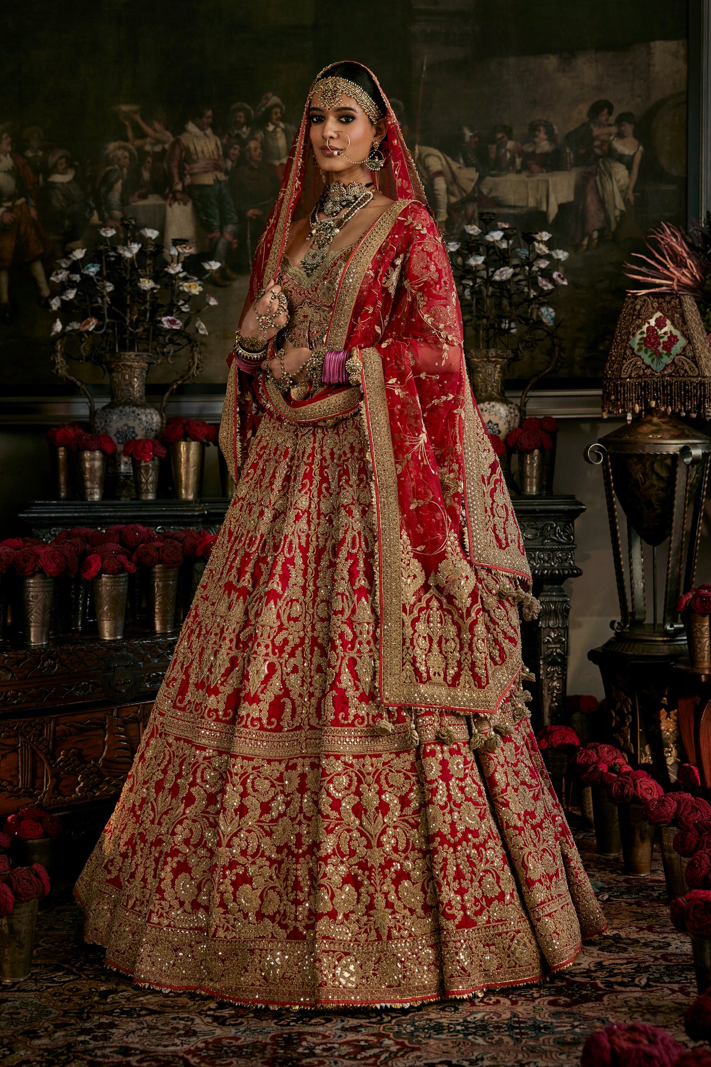 Red Mughal Inlay Lehenga