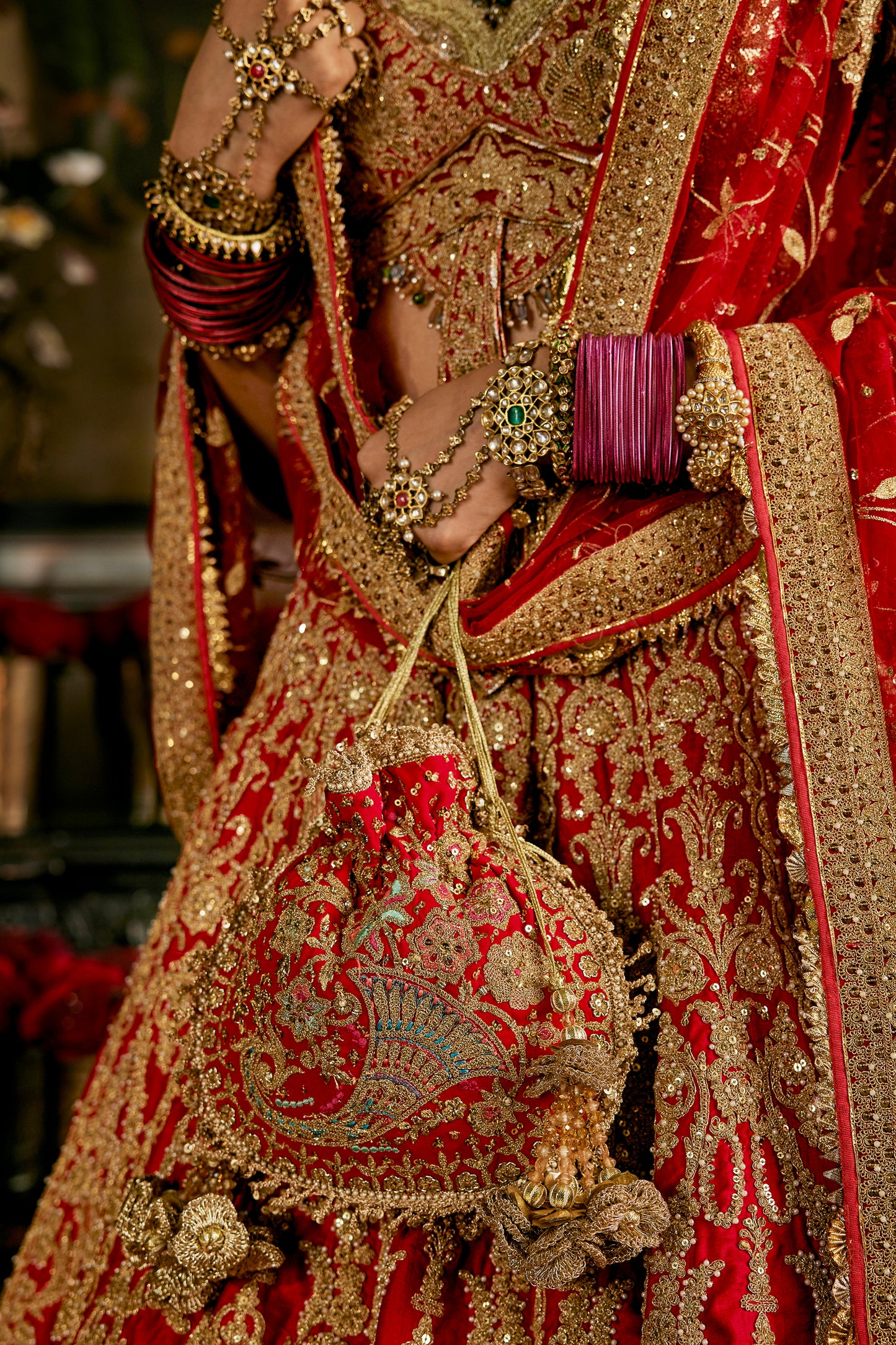 Red Mughal Inlay Lehenga