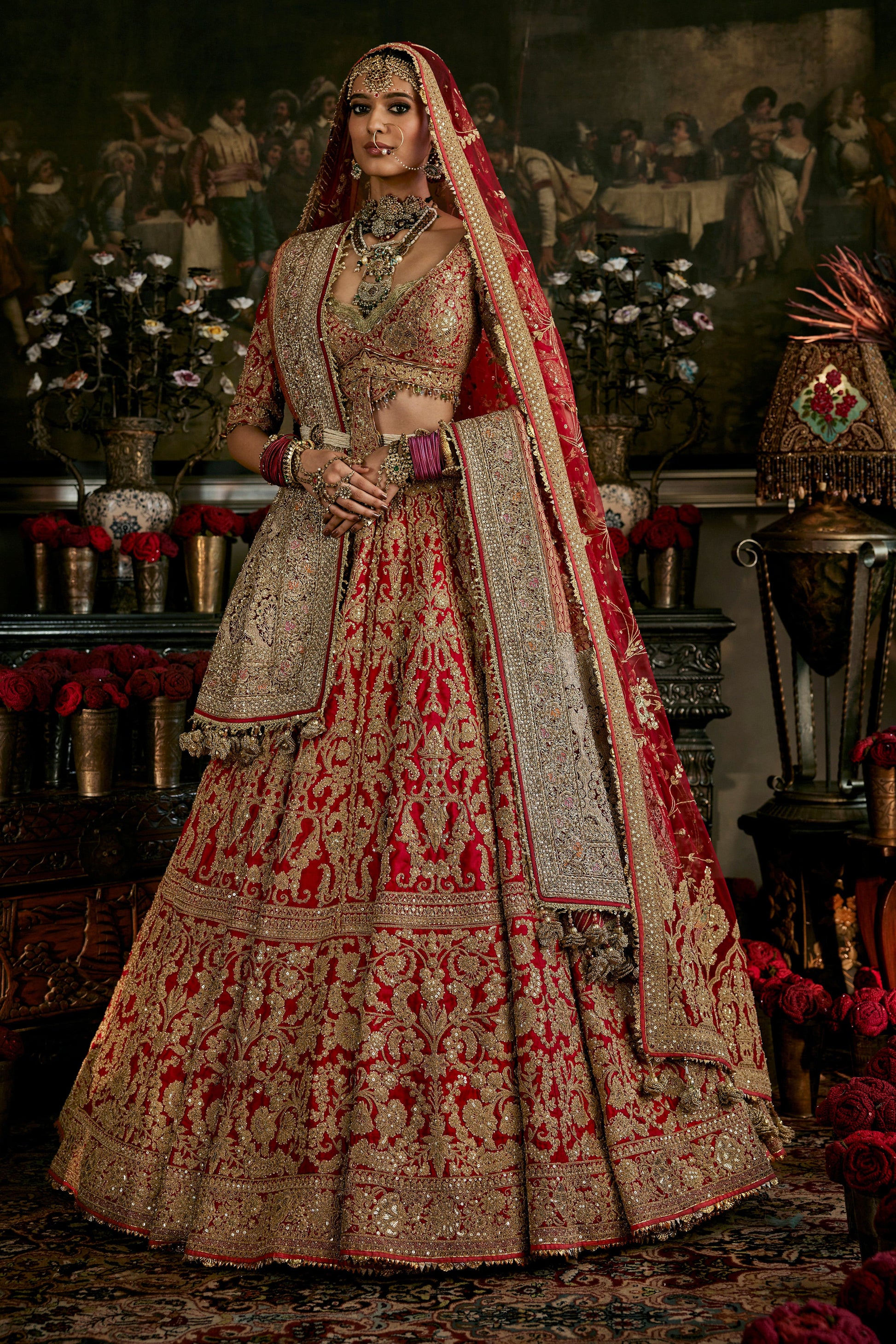 Red Mughal Inlay Lehenga – Rimple Harpreet