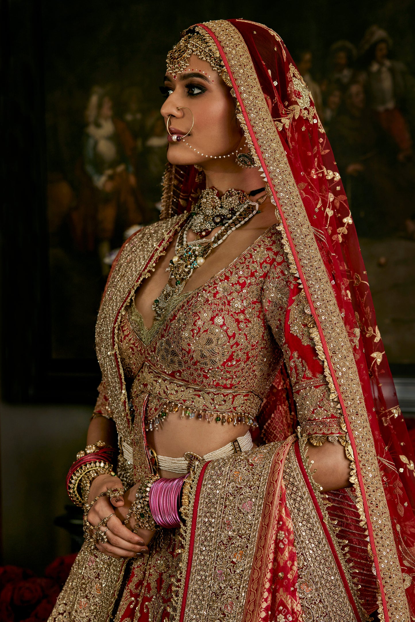 Red Mughal Inlay Lehenga