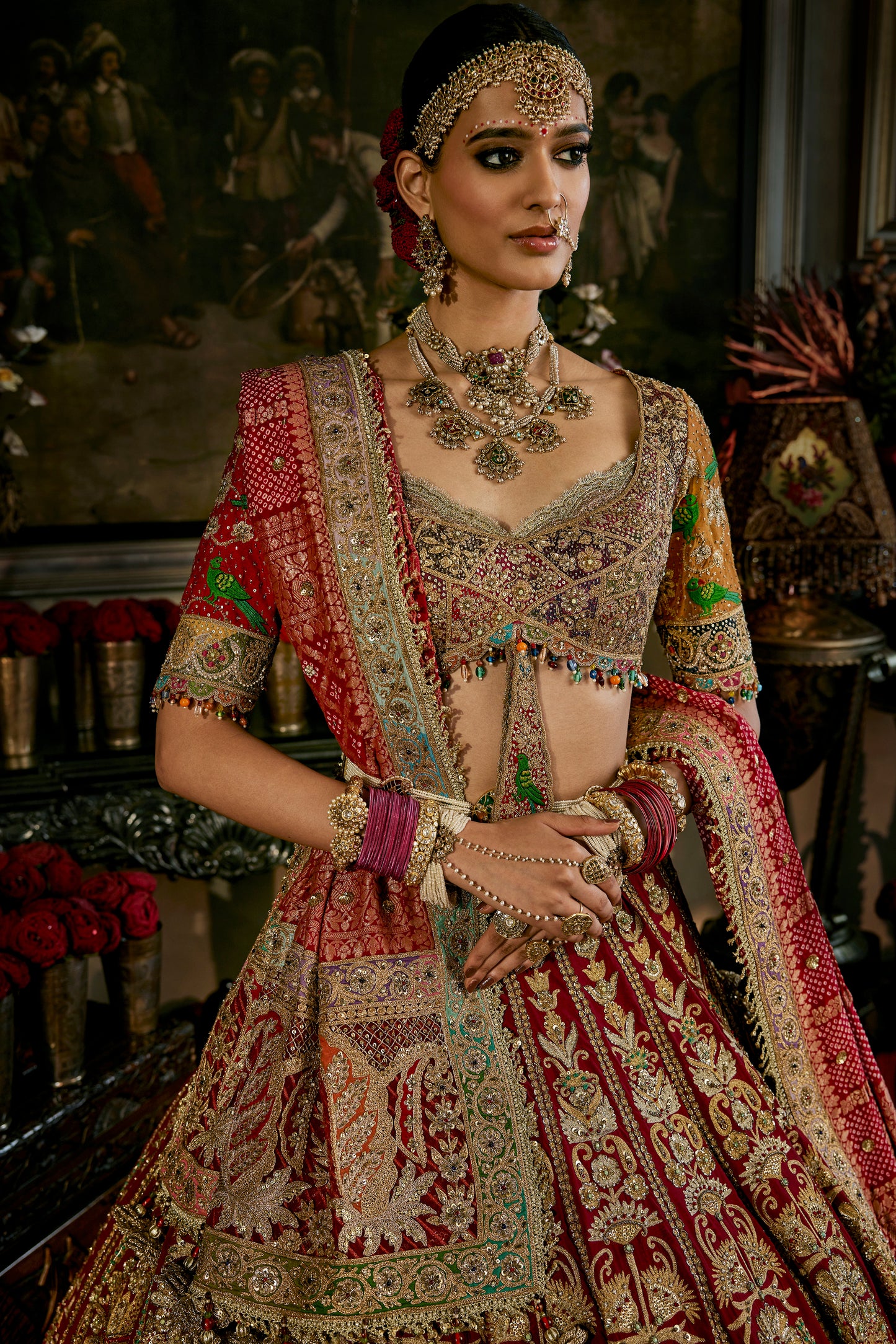 Red Vintage Brocade Lehenga