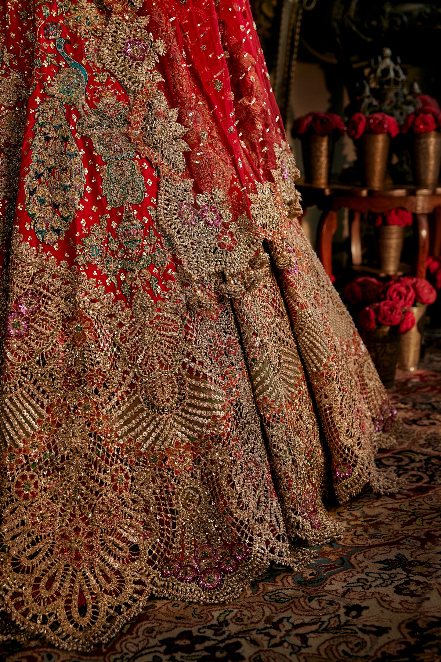 Red Tulle Cutwork Lehenga