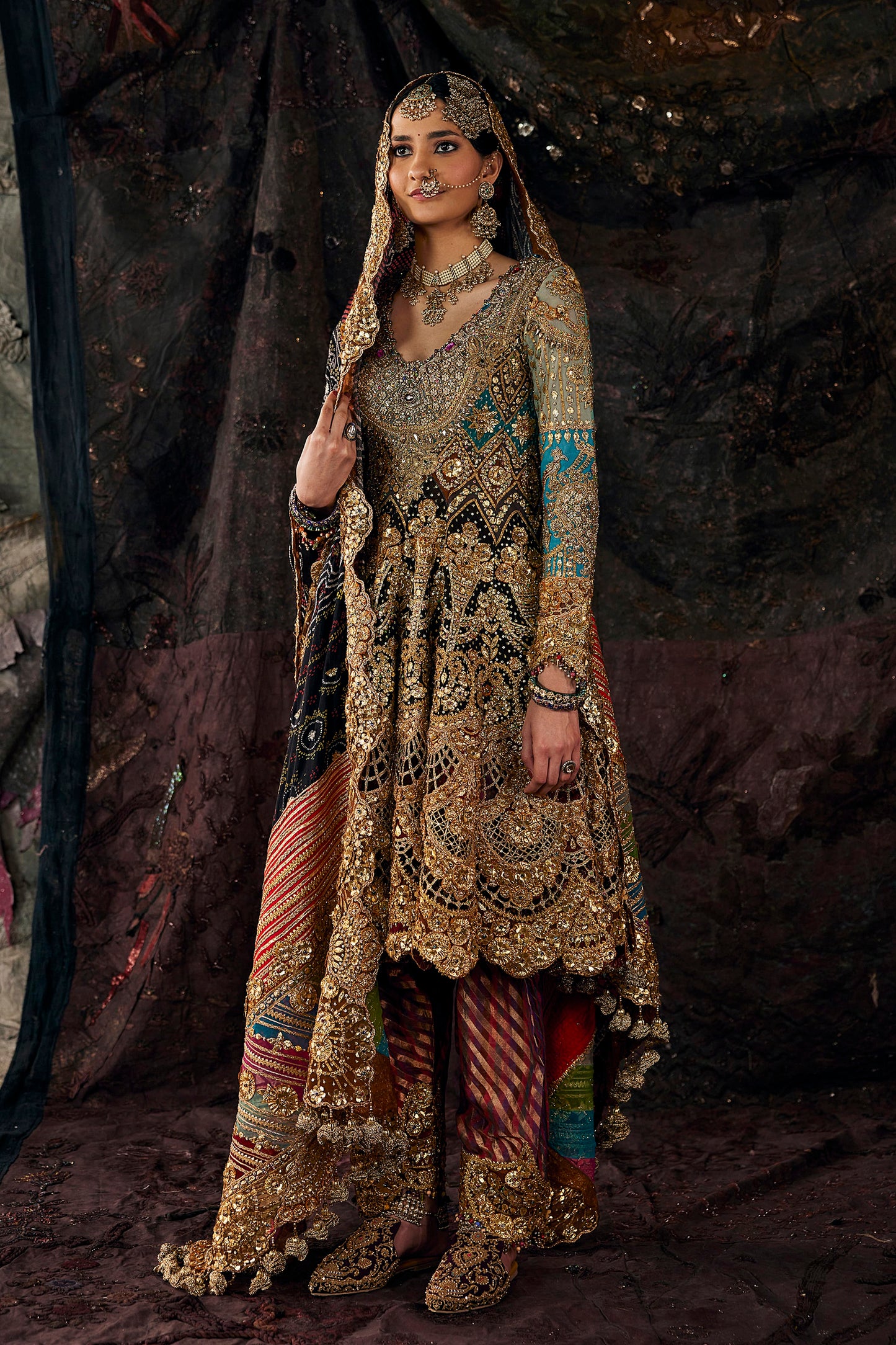Turquoise Hued Tulle And Silk Kalidar Set