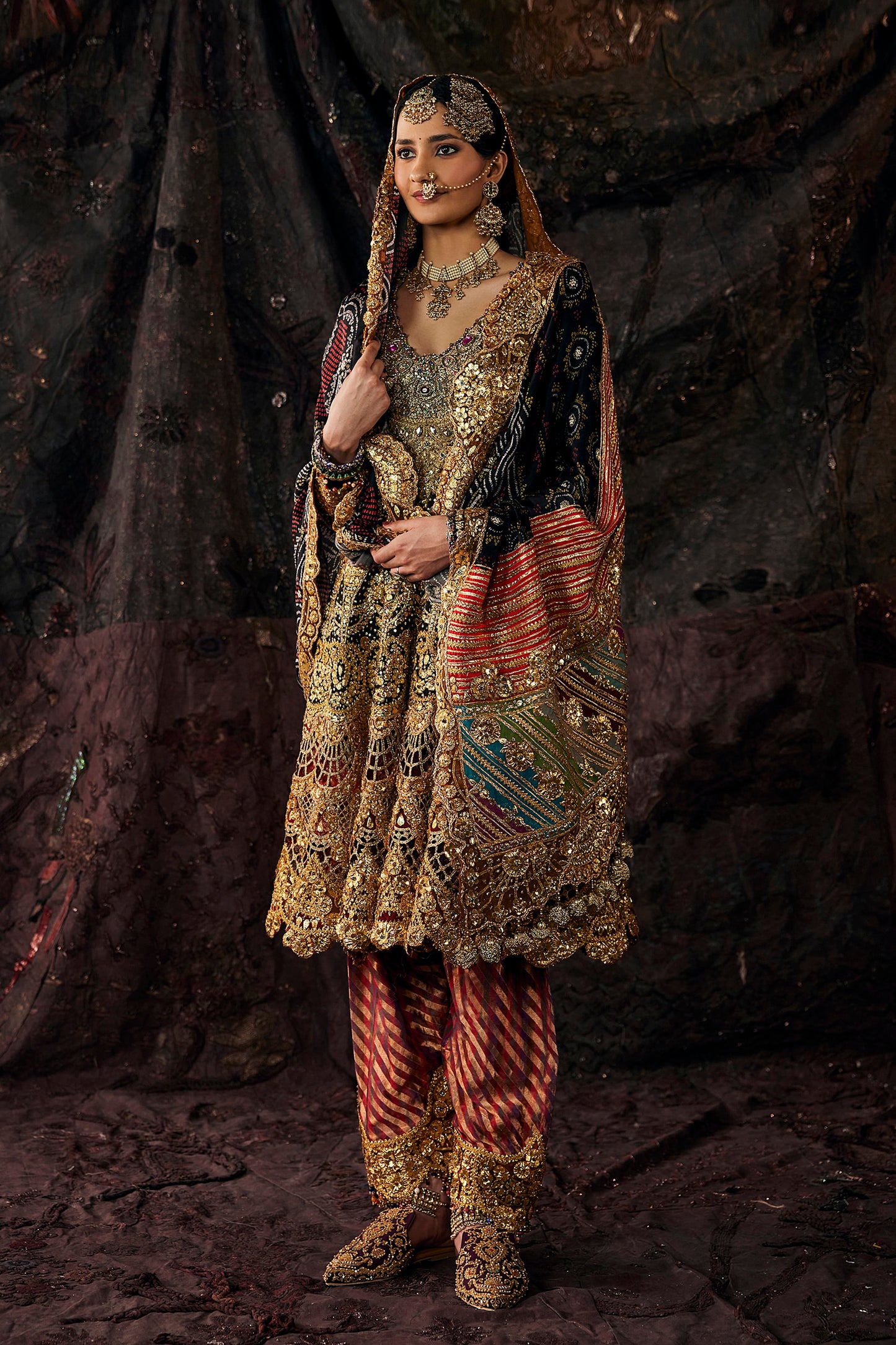 Turquoise Hued Tulle And Silk Kalidar Set