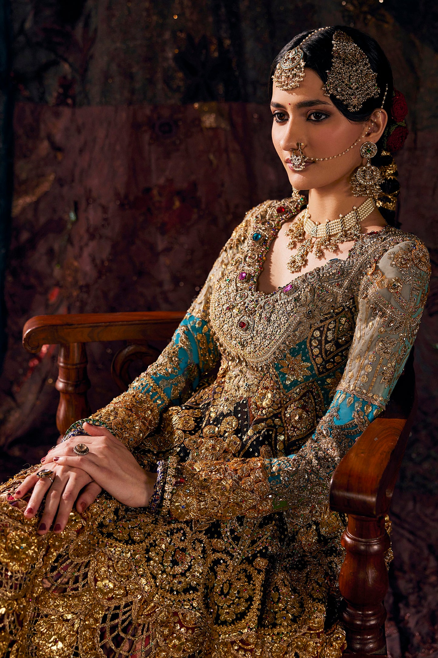 Turquoise Hued Tulle And Silk Kalidar Set