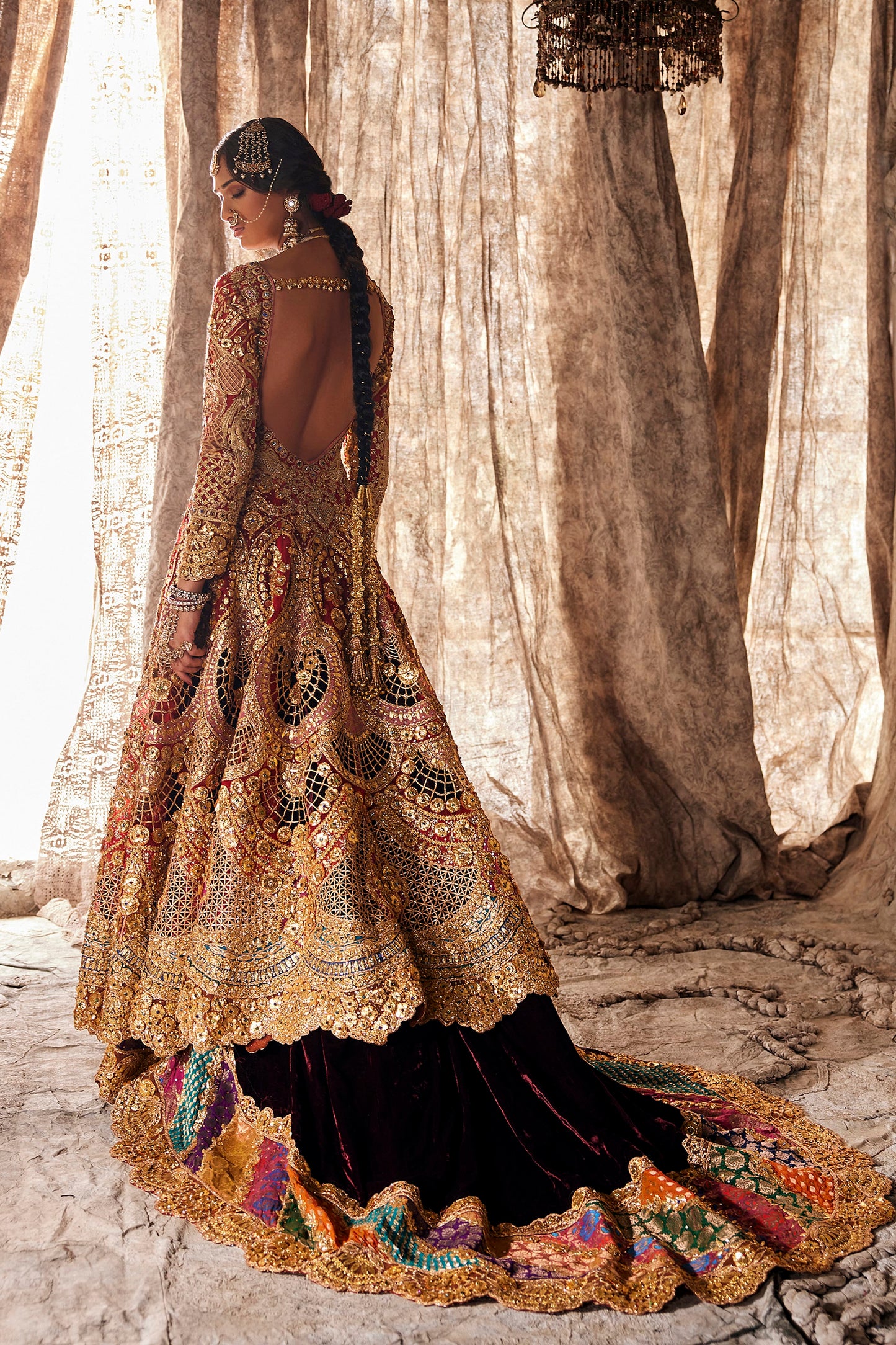 Deep Red Tulle And Silk Kalidar Set