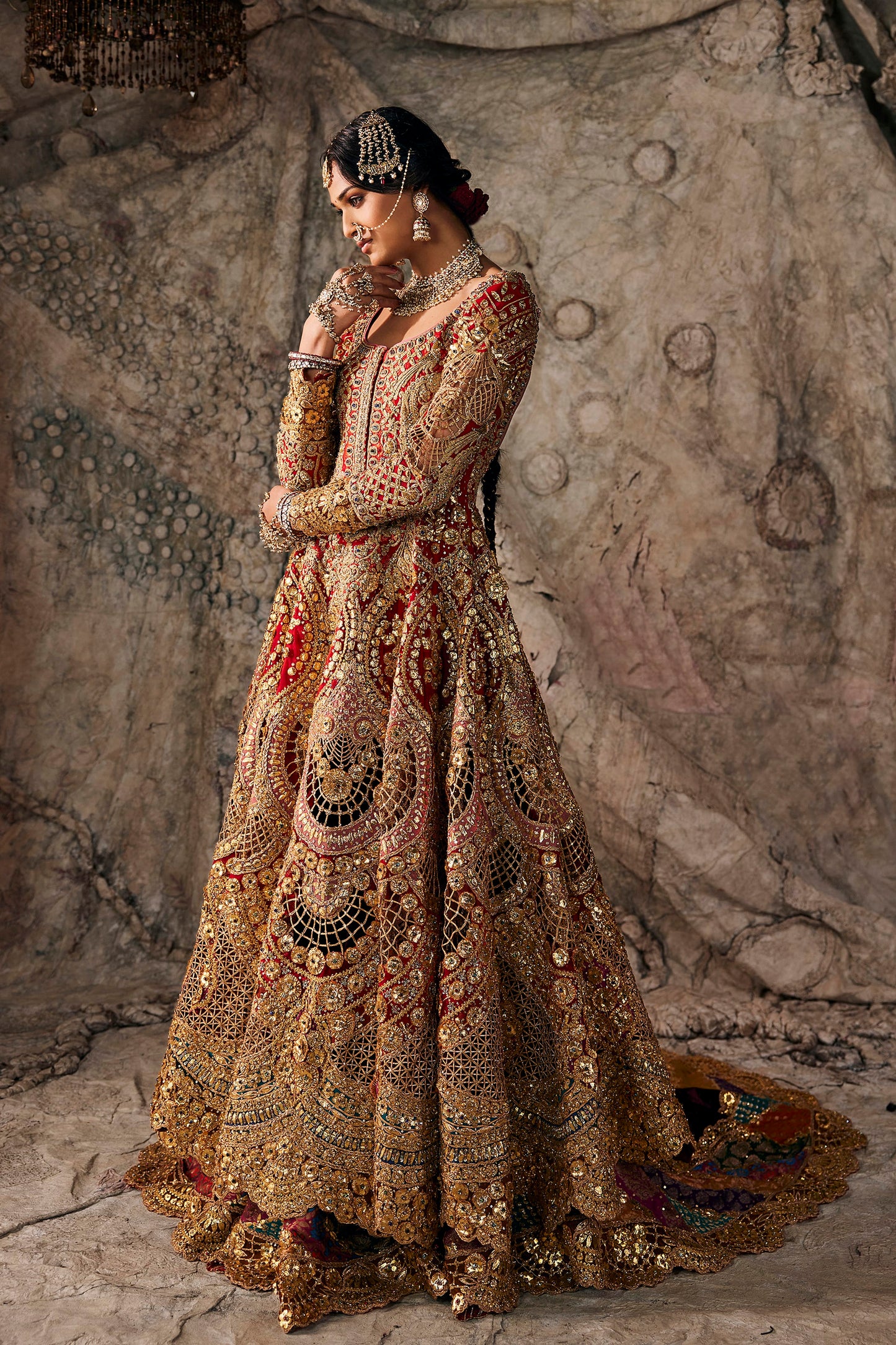 Deep Red Tulle And Silk Kalidar Set