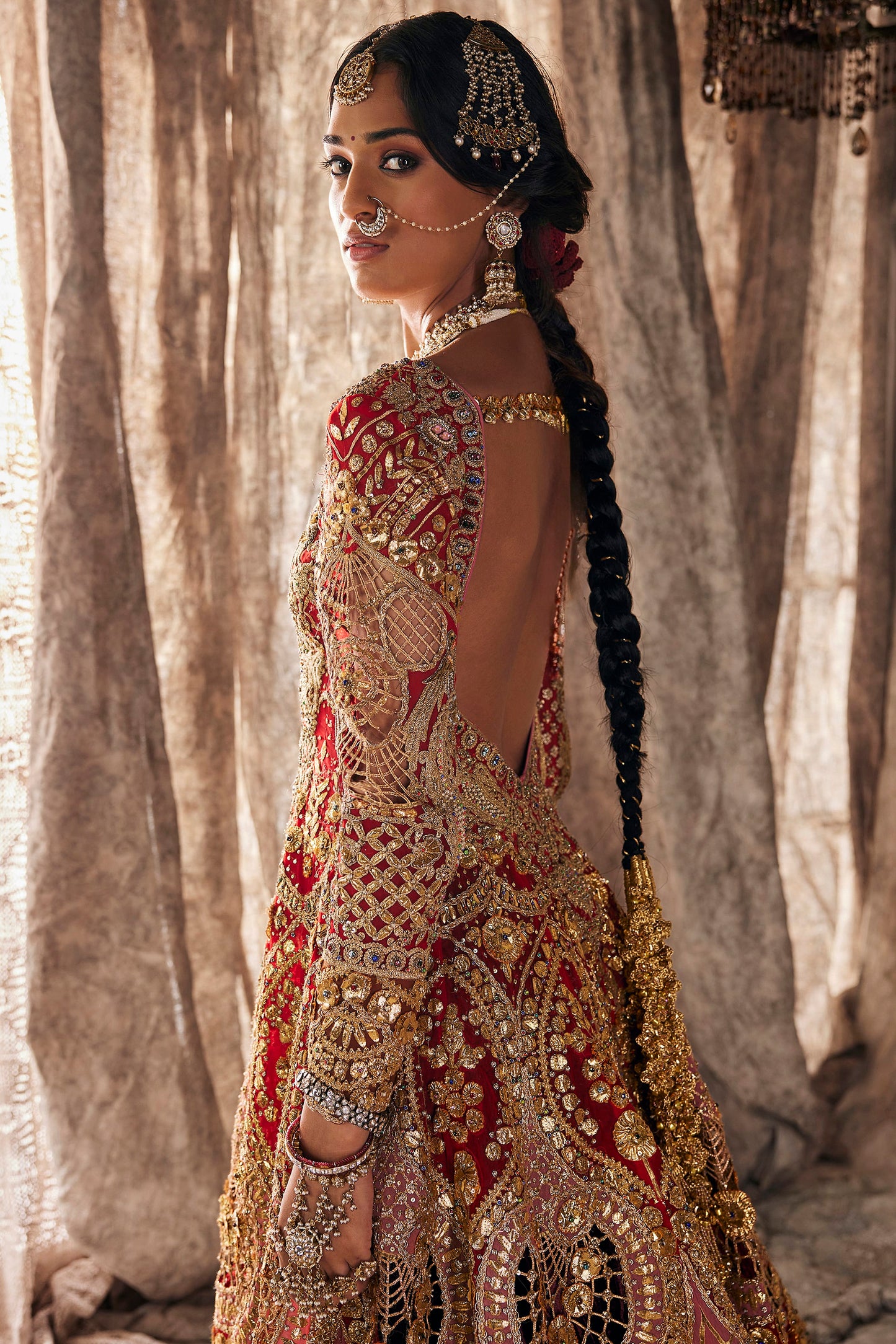 Deep Red Tulle And Silk Kalidar Set