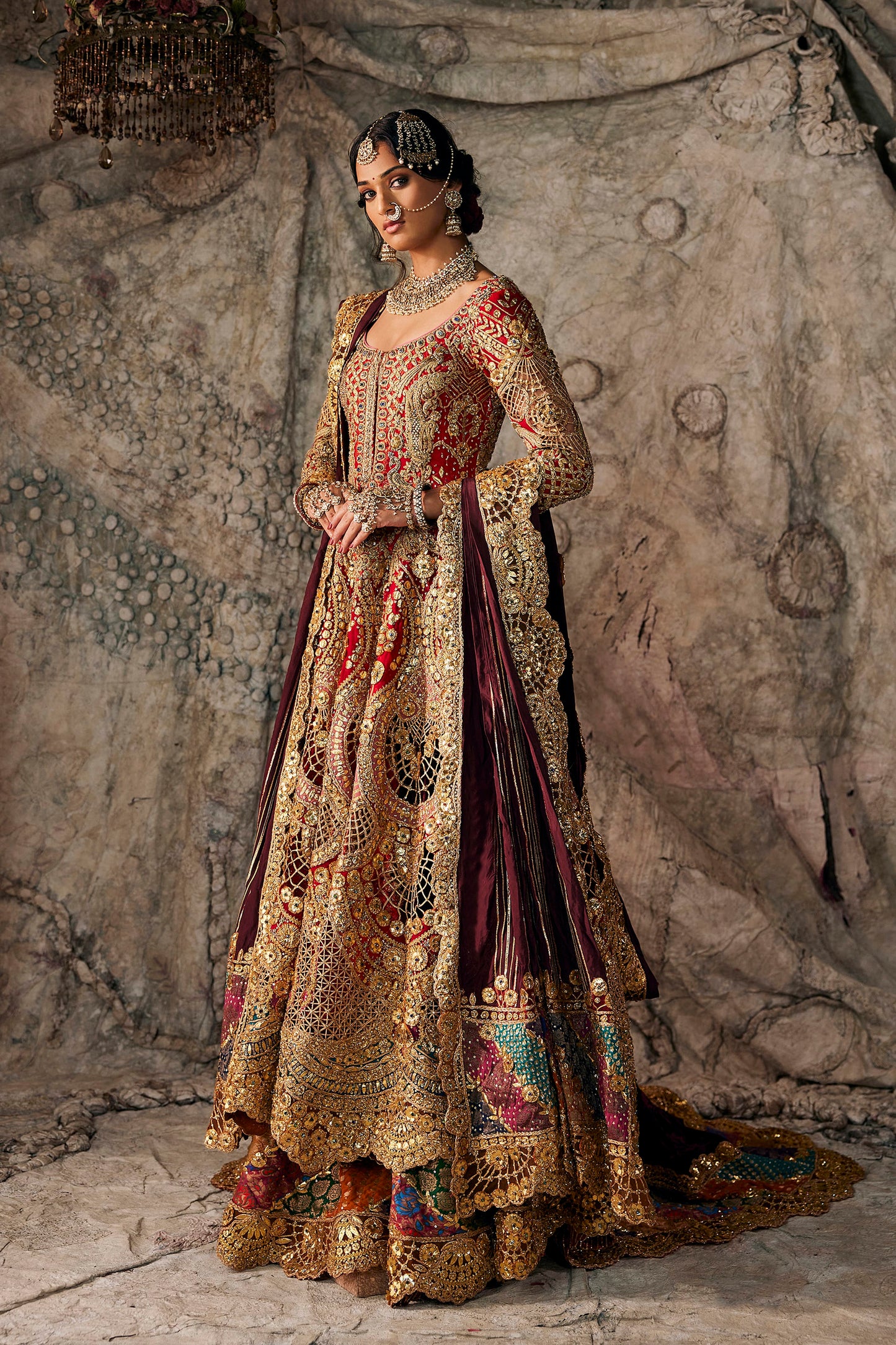 Deep Red Tulle And Silk Kalidar Set