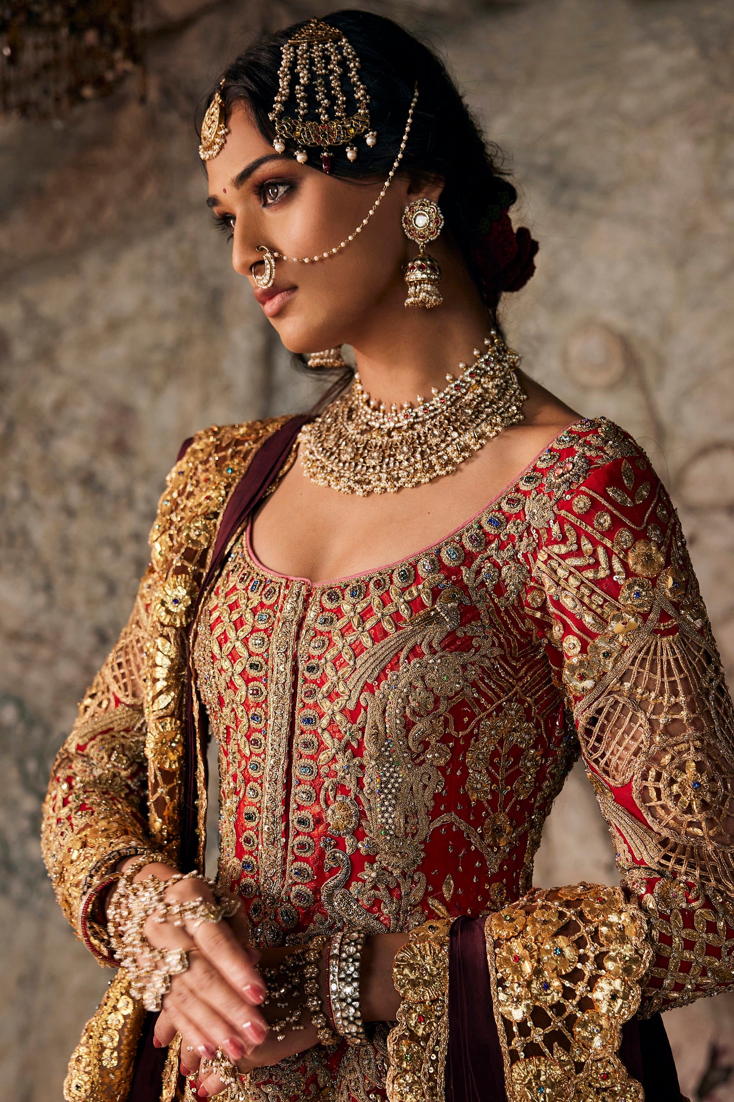 Deep Red Tulle And Silk Kalidar Set