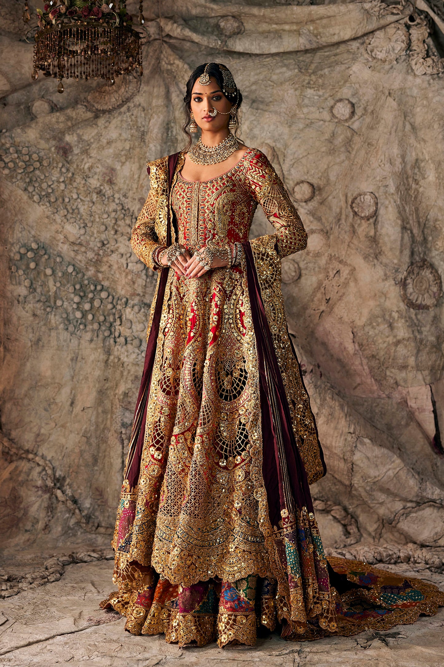 Deep Red Tulle And Silk Kalidar Set