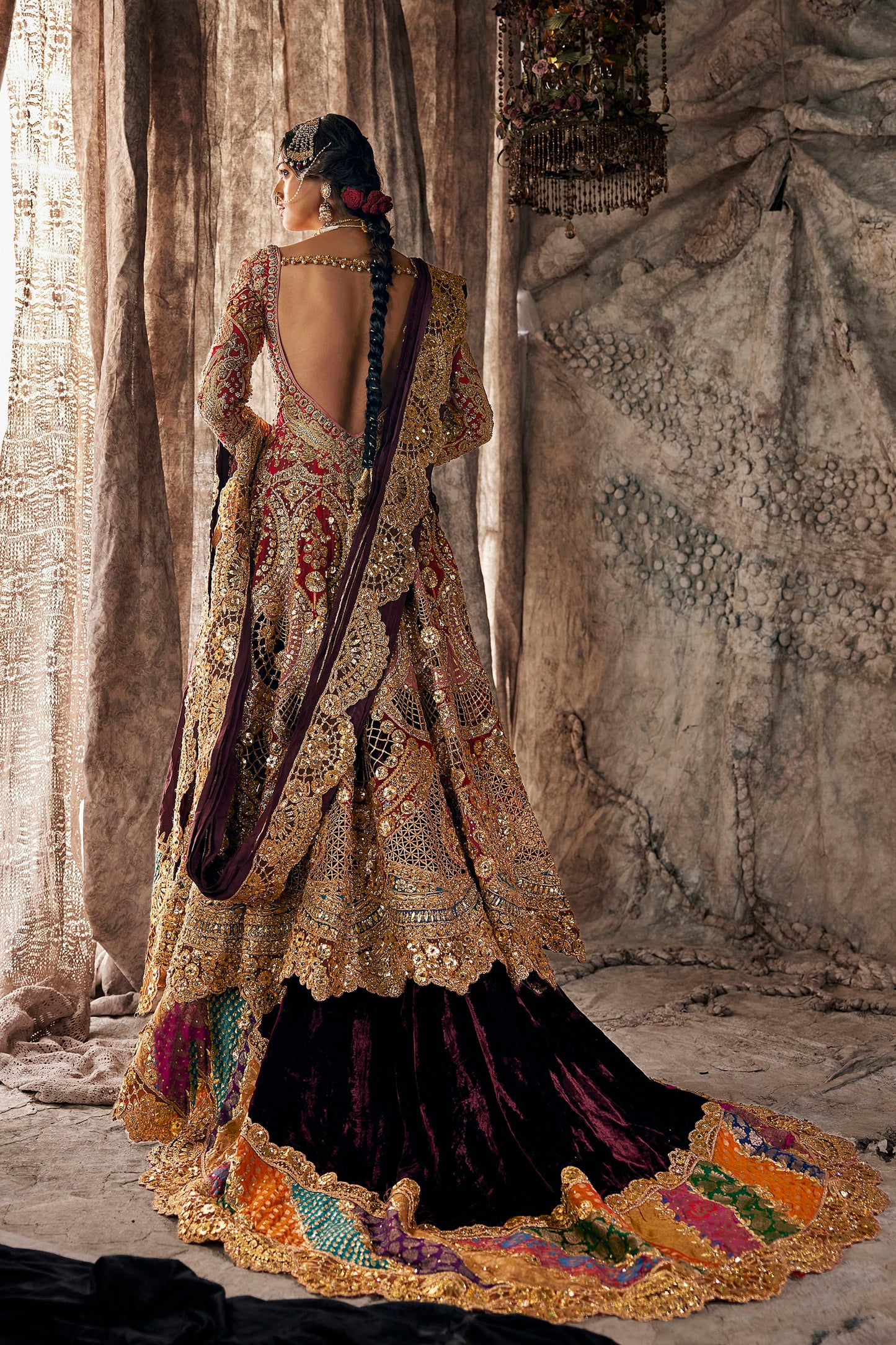 Deep Red Tulle And Silk Kalidar Set