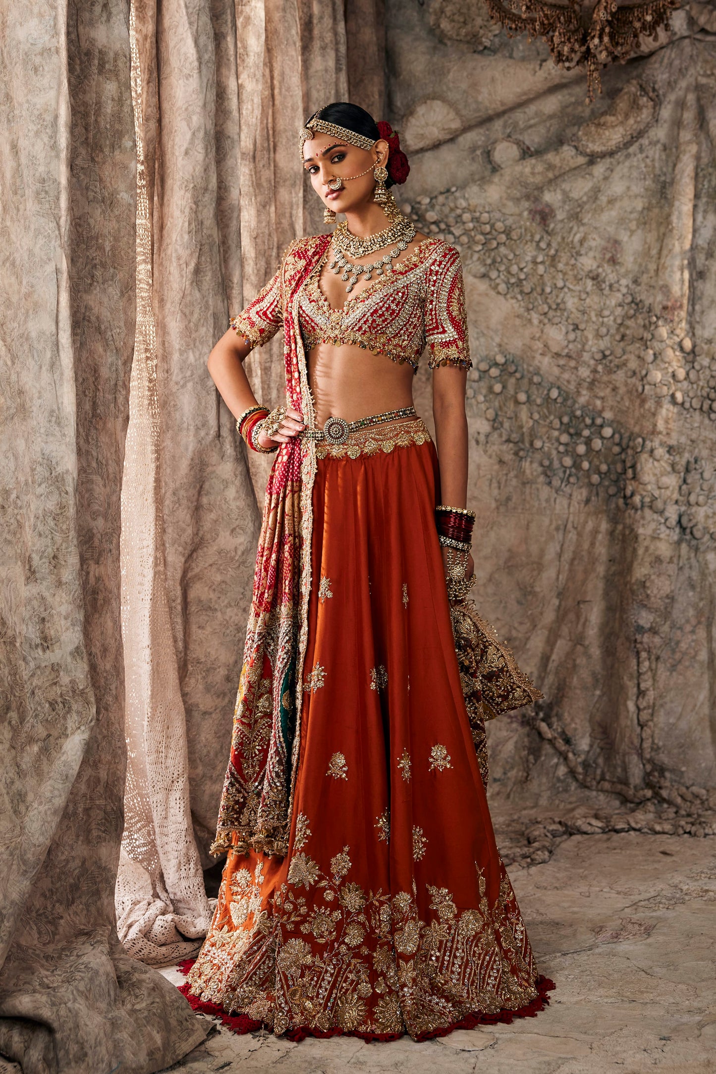 Rust Vermilion Silk Lehenga