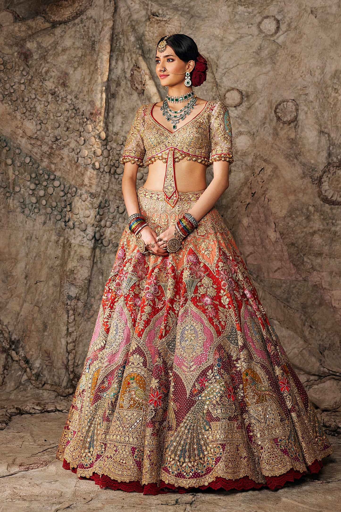 Earthy Pink & Ruby Tulle Lehenga