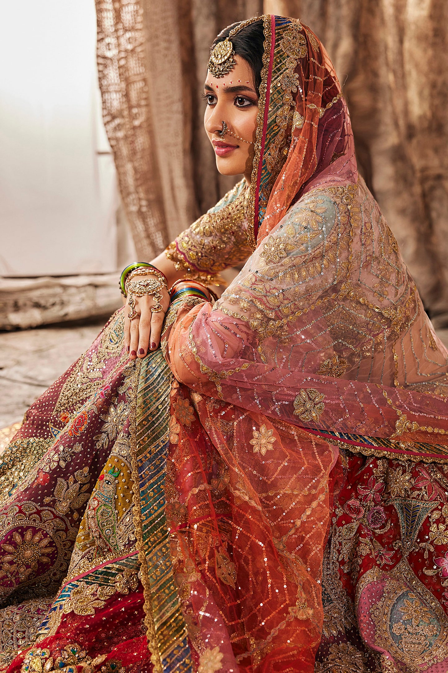 Earthy Pink & Ruby Tulle Lehenga