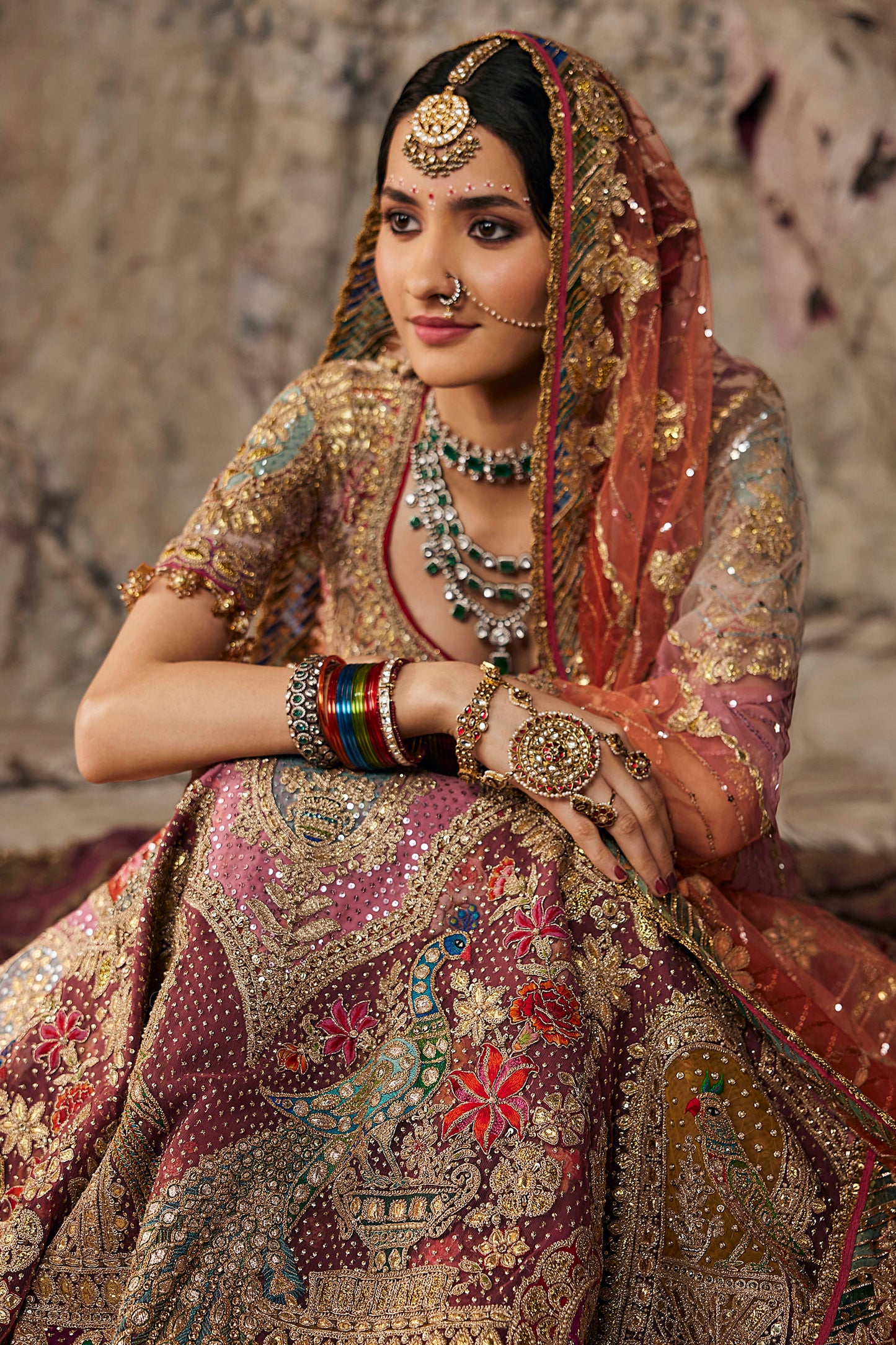 Earthy Pink & Ruby Tulle Lehenga