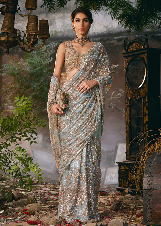 Delicate Pale Blue Tulle Sequin Saree