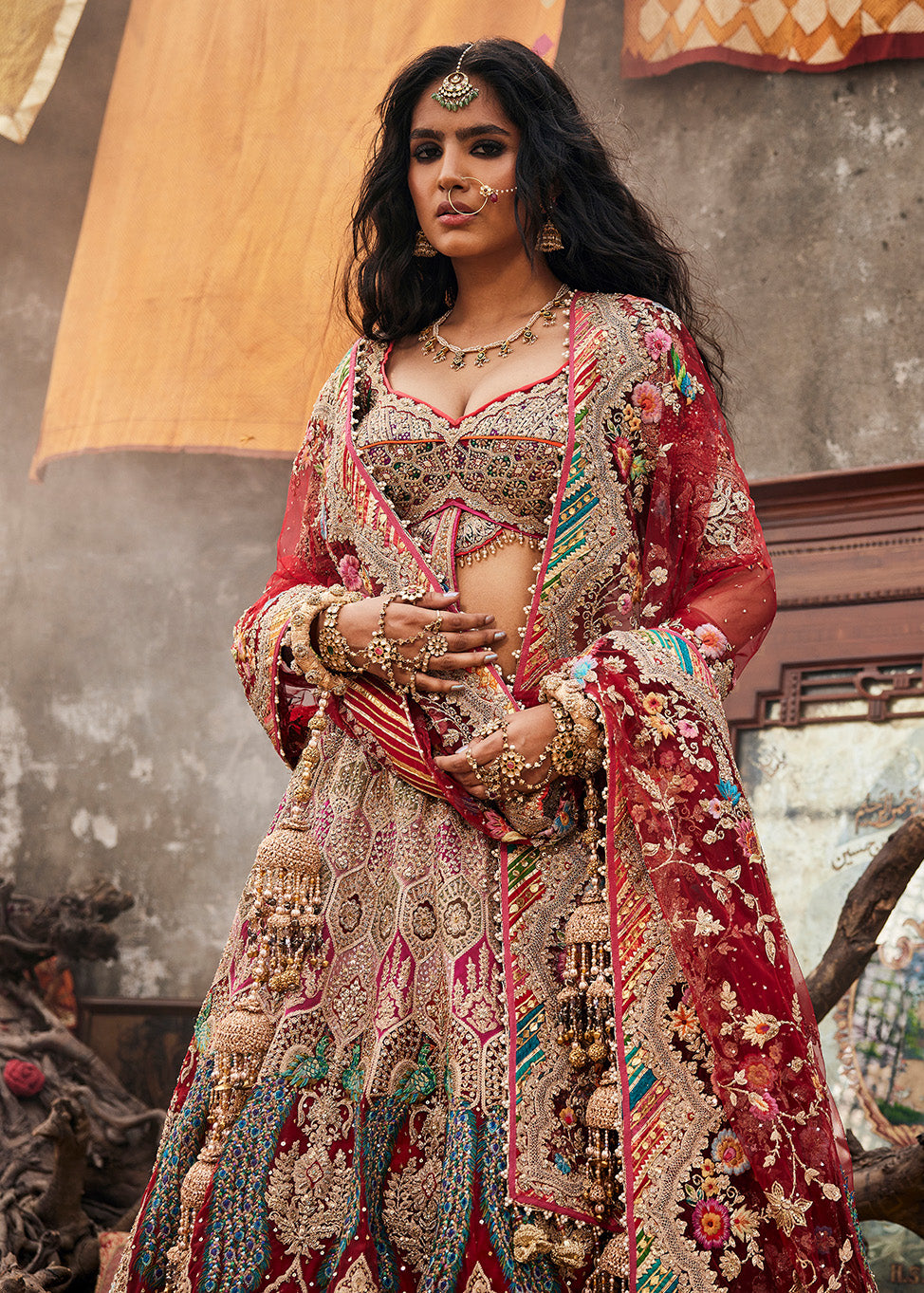 Deep Maroon 'Peacock Plumage' Lehenga Set