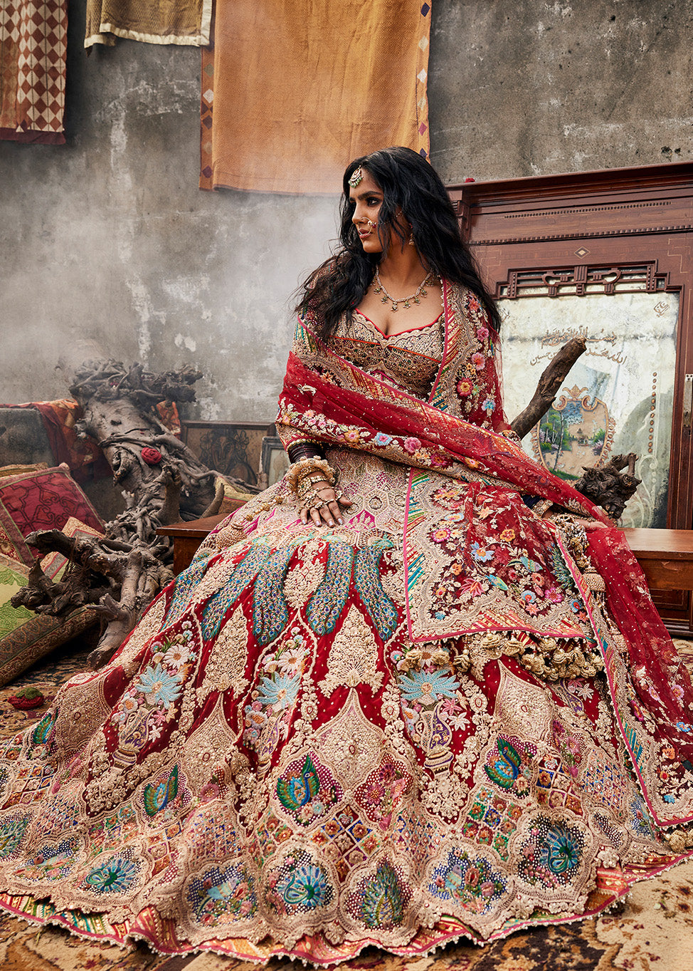 Deep Maroon 'Peacock Plumage' Lehenga Set