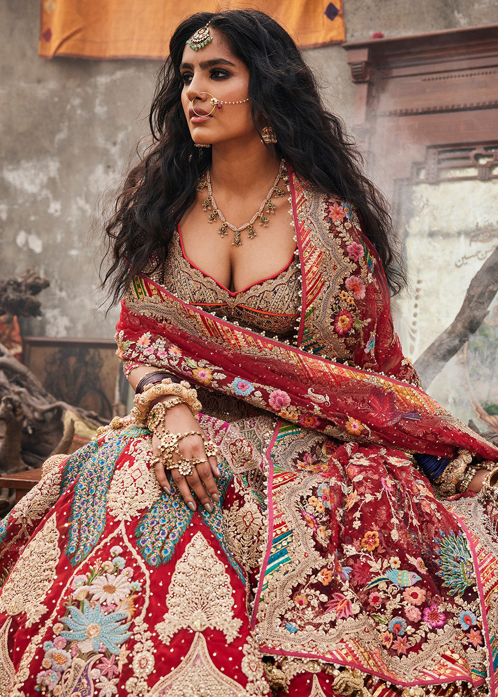 Deep Maroon 'Peacock Plumage' Lehenga Set