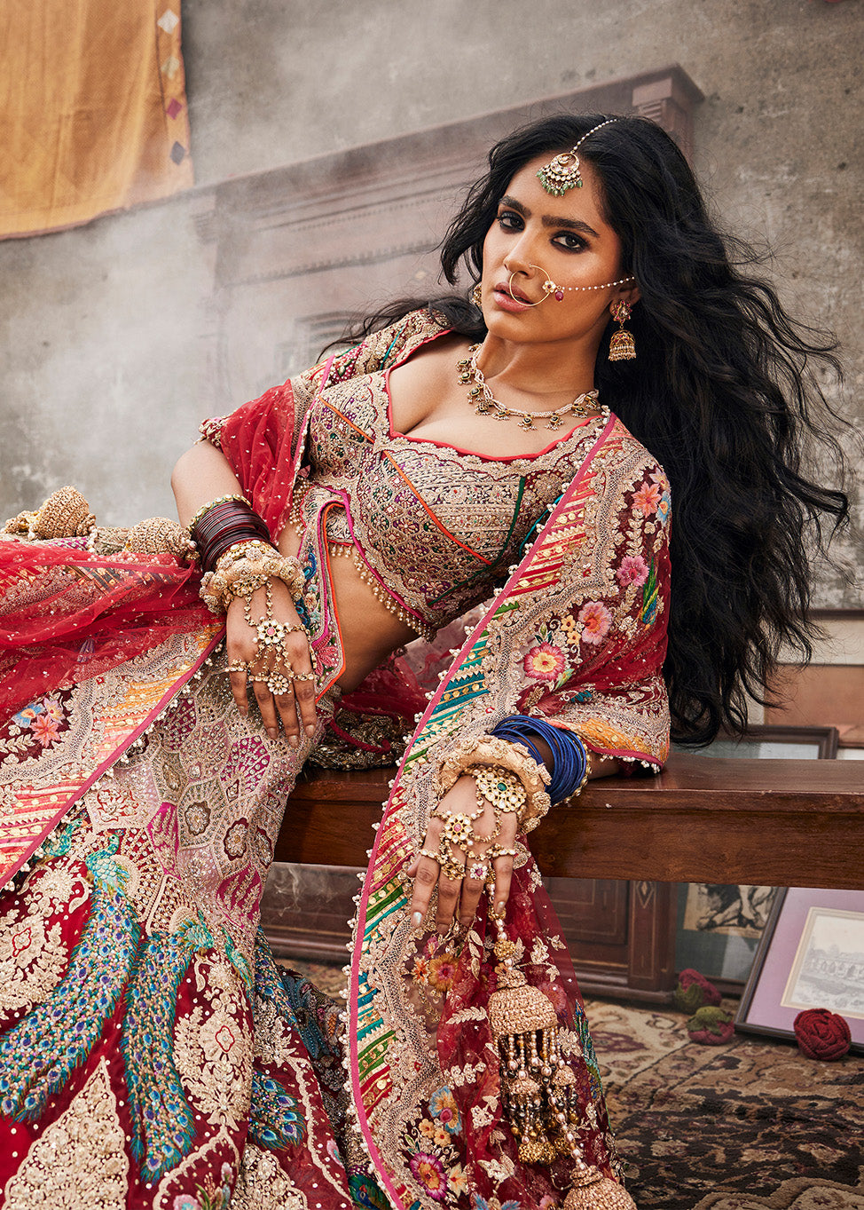 Deep Maroon 'Peacock Plumage' Lehenga Set