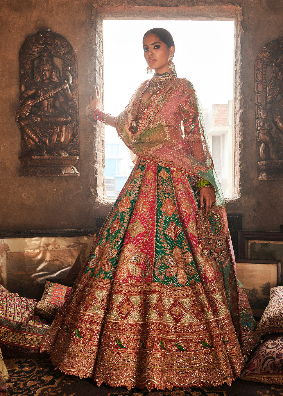 Green and Rani Pink Rajasthani Lehenga