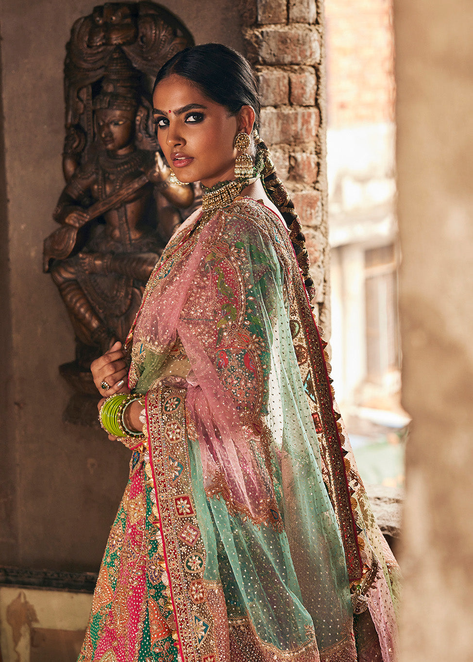 Green and Rani Pink Rajasthani Lehenga