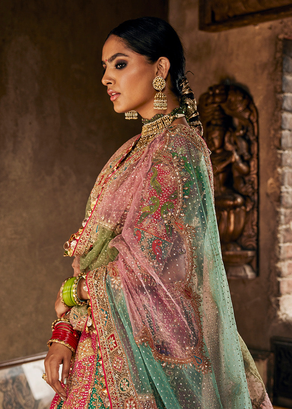 Green and Rani Pink Rajasthani Lehenga