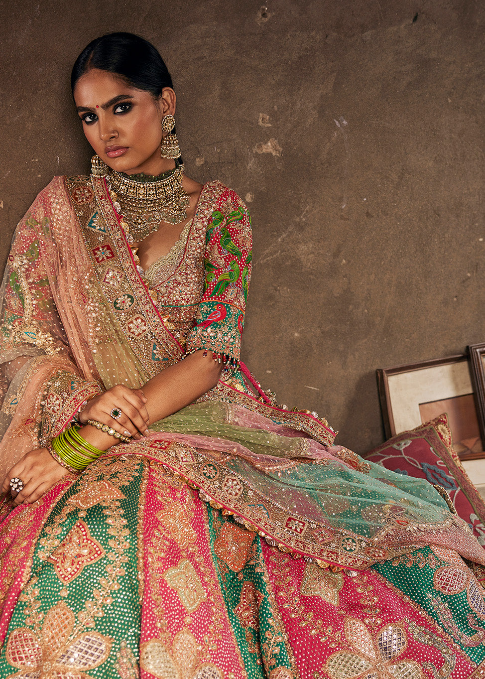 Green and Rani Pink Rajasthani Lehenga