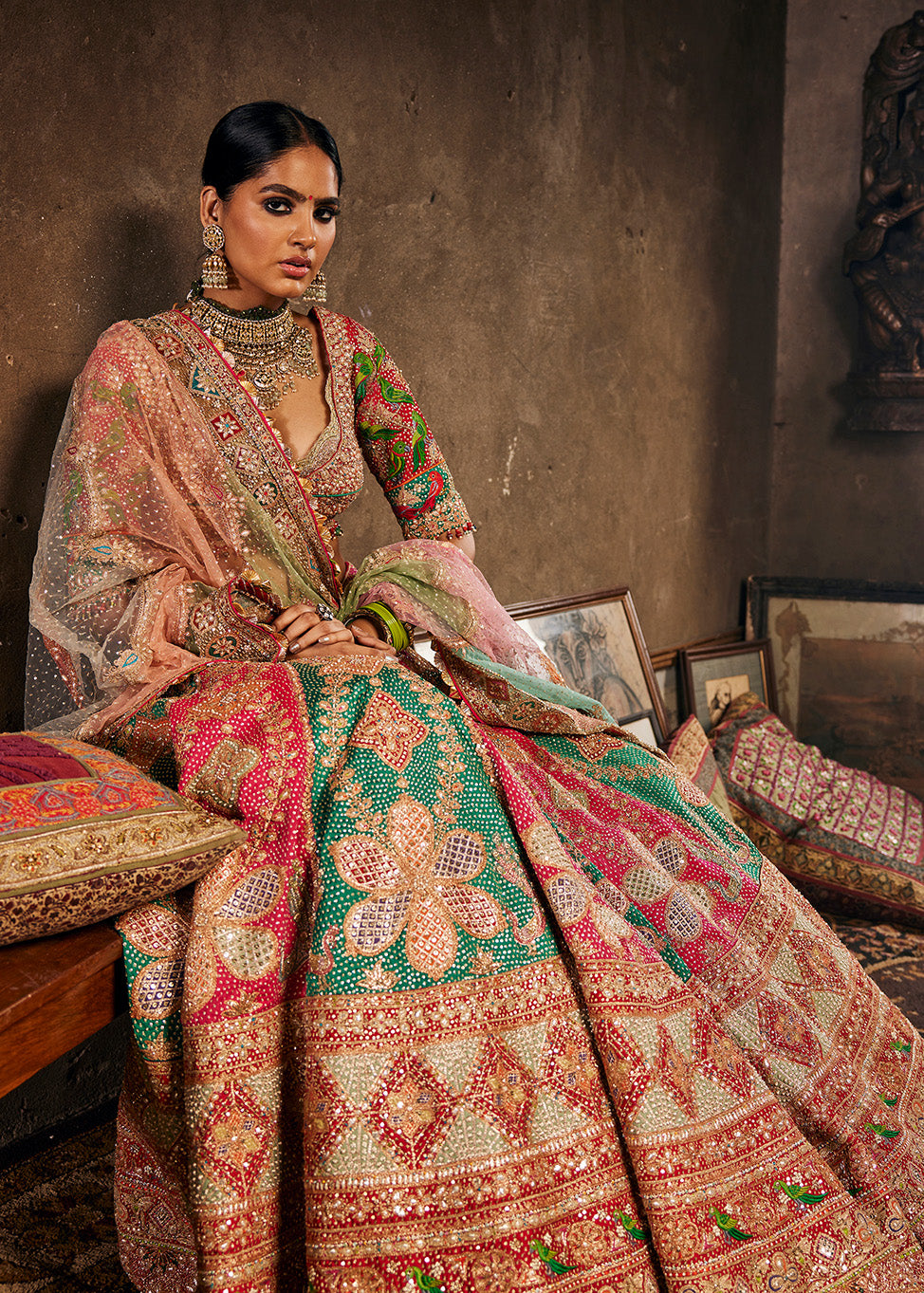 Green and Rani Pink Rajasthani Lehenga