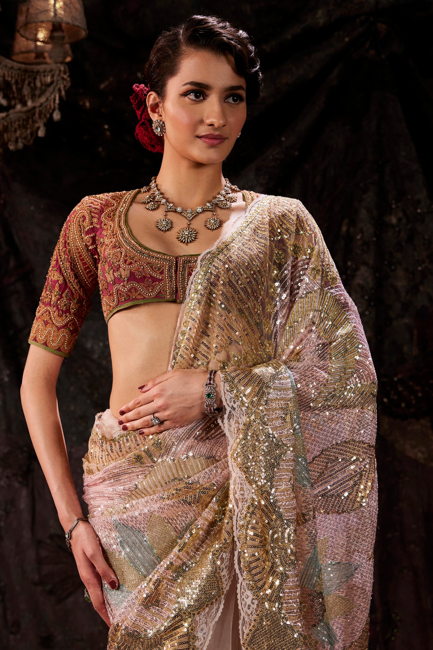 Pale Frosted Pink Tulle Saree
